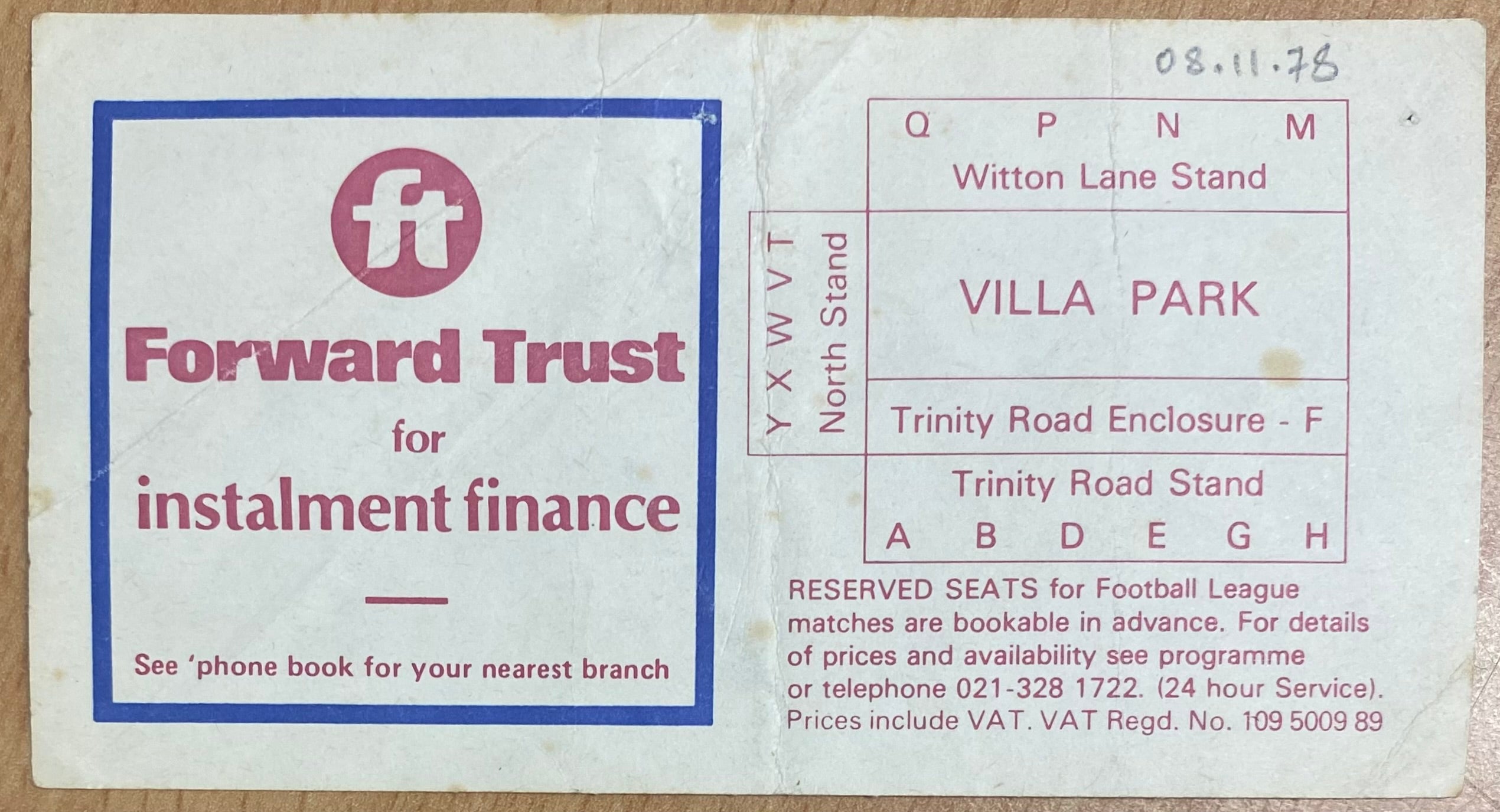1978/79 ORIGINAL LEAGUE CUP 4TH ROUND TICKET ASTON VILLA V LUTON TOWN