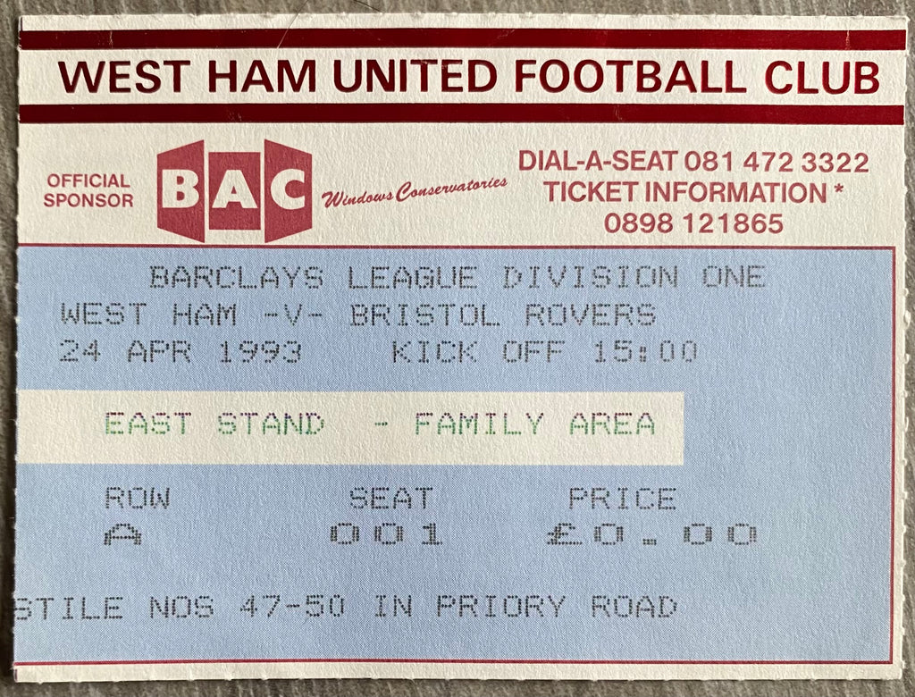 1992/93 ORIGINAL DIVISION 1 TICKET WEST HAM UNITED V BRISTOL ROVERS