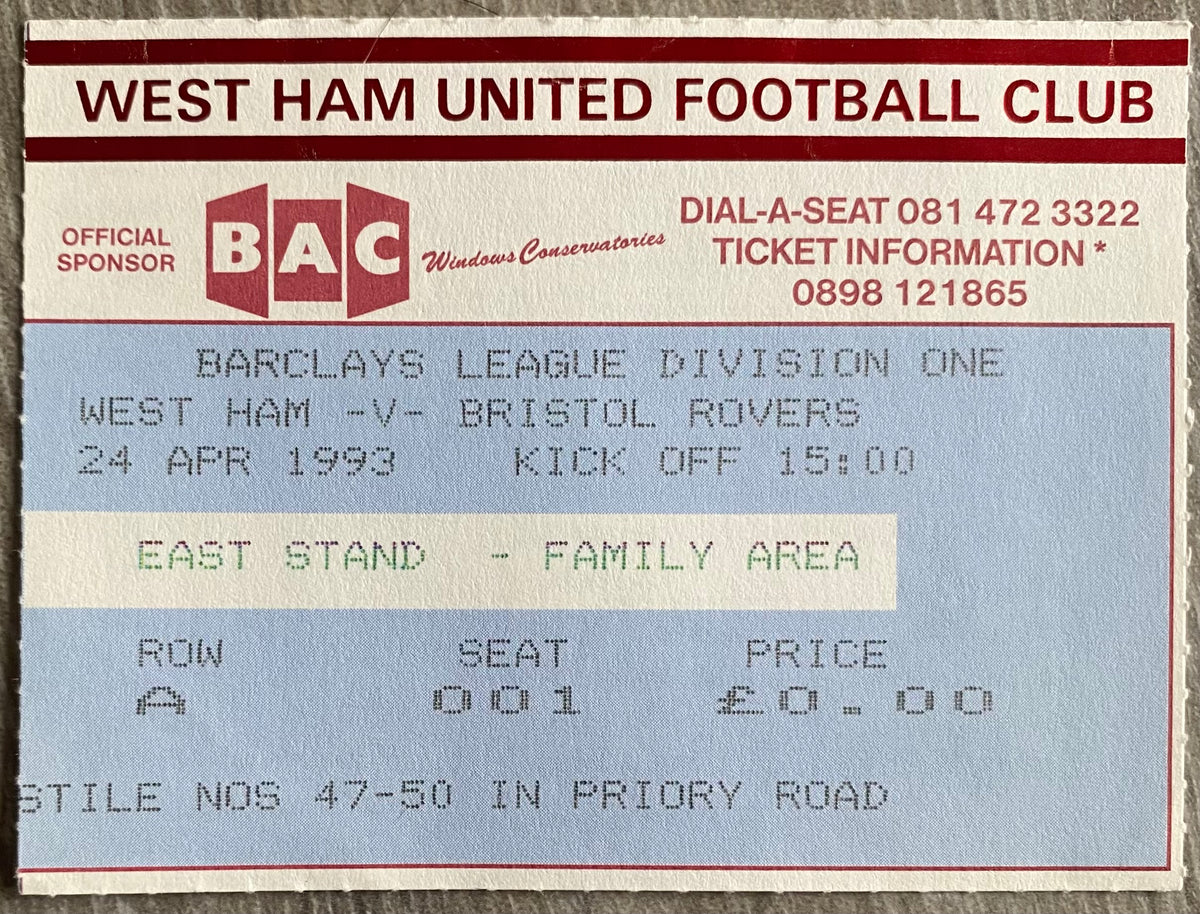 1992/93 ORIGINAL DIVISION 1 TICKET WEST HAM UNITED V BRISTOL ROVERS