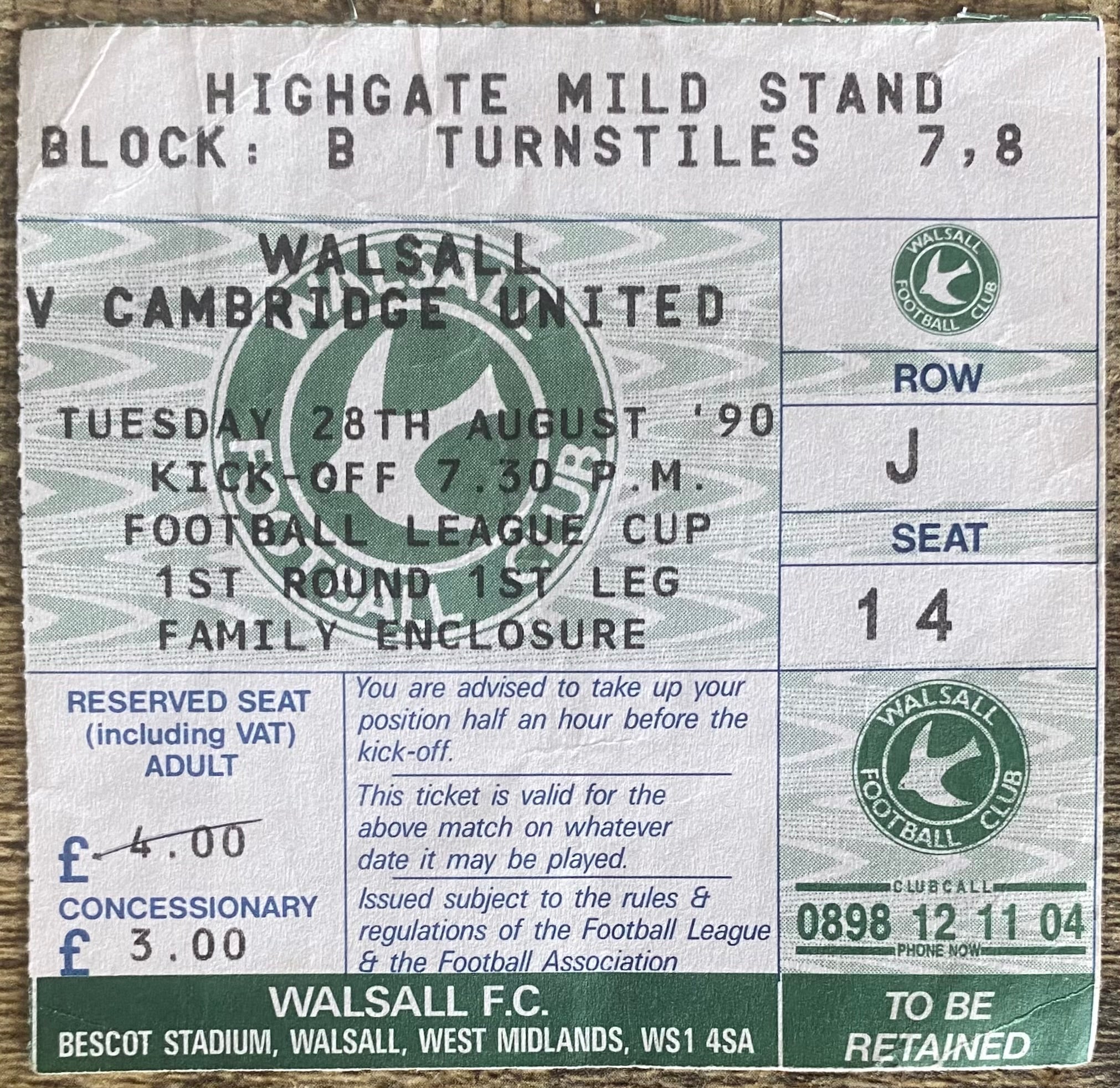 1990/91 ORIGINAL RUMBELOWS CUP 1ST ROUND 1ST LEG TICKET WALSALL V CAMBRIDGE UNITED
