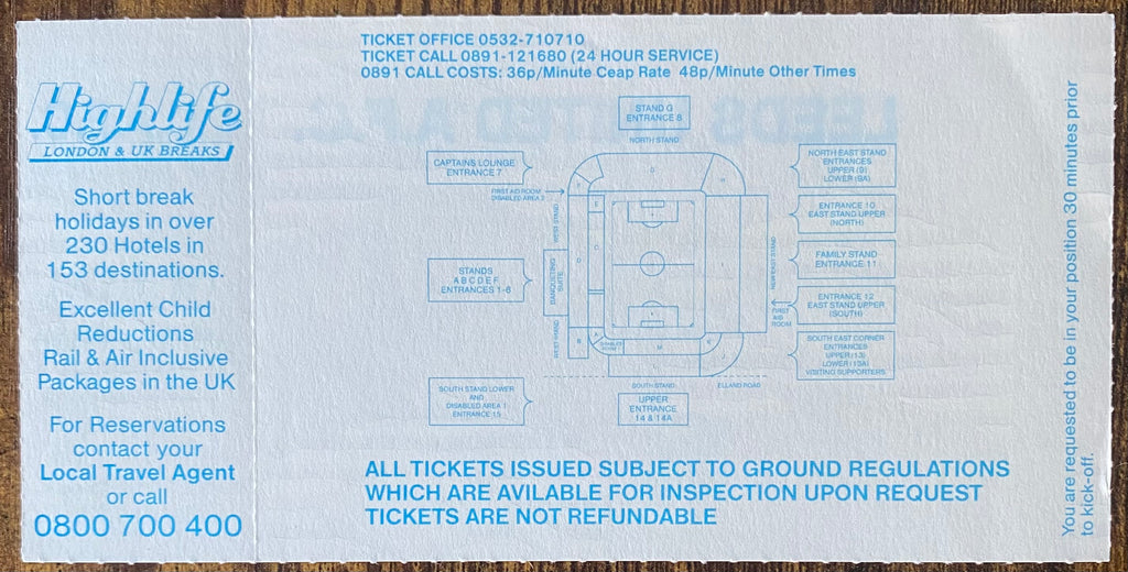 1993/94 ORIGINAL PREMIERSHIP UNUSED TICKET LEEDS UNITED V MANCHESTER CITY