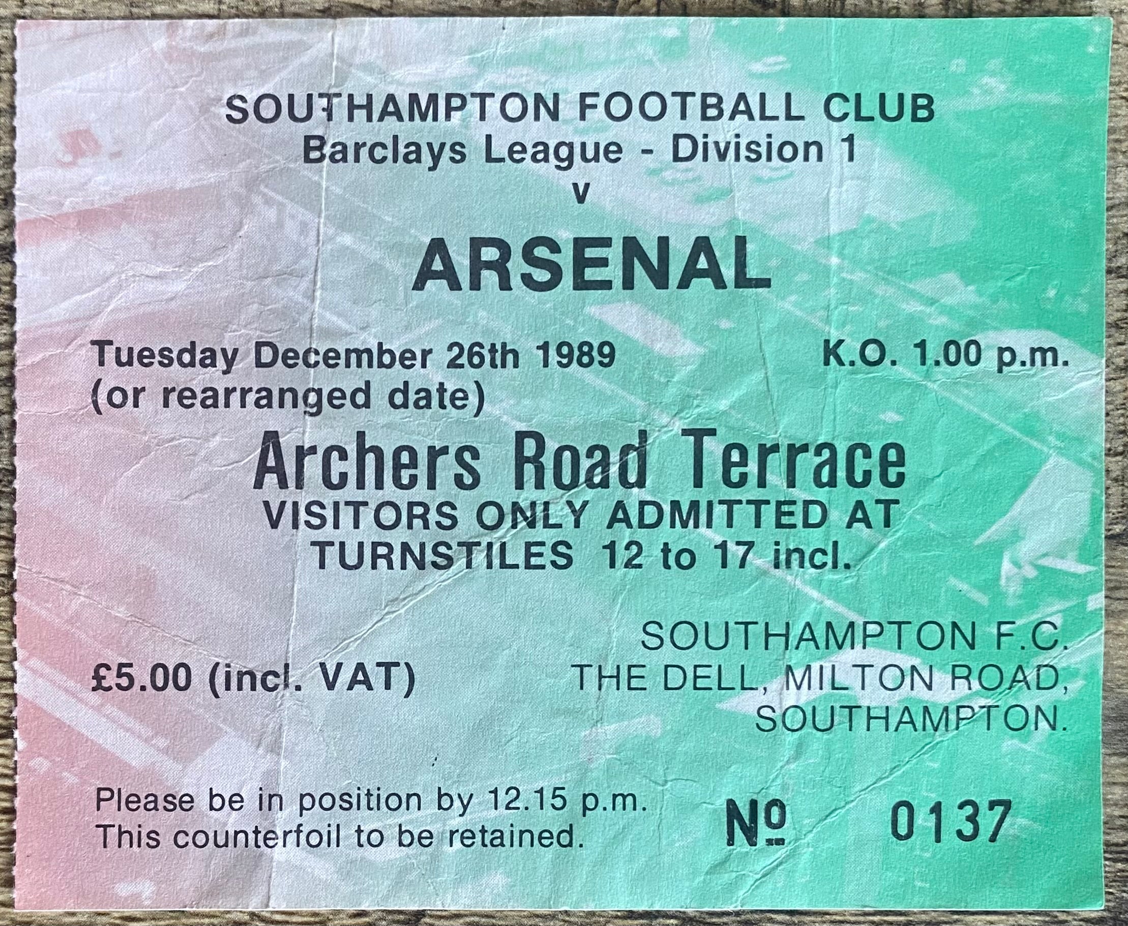 1989/90 ORIGINAL DIVISION ONE TICKET SOUTHAMPTON V ARSENAL
