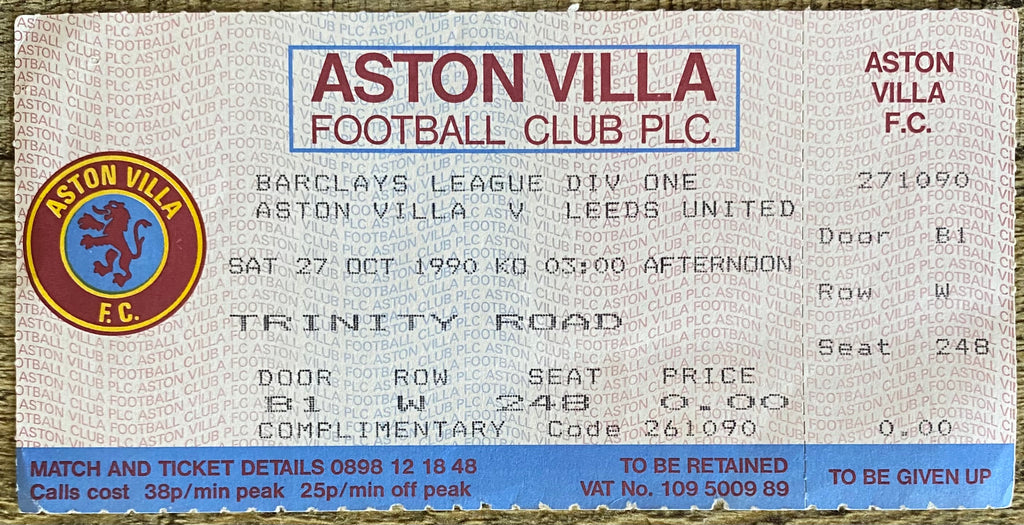 1990/91 ORIGINAL DIVISION 1 UNUSED TICKET ASTON VILLA V LEEDS UNITED