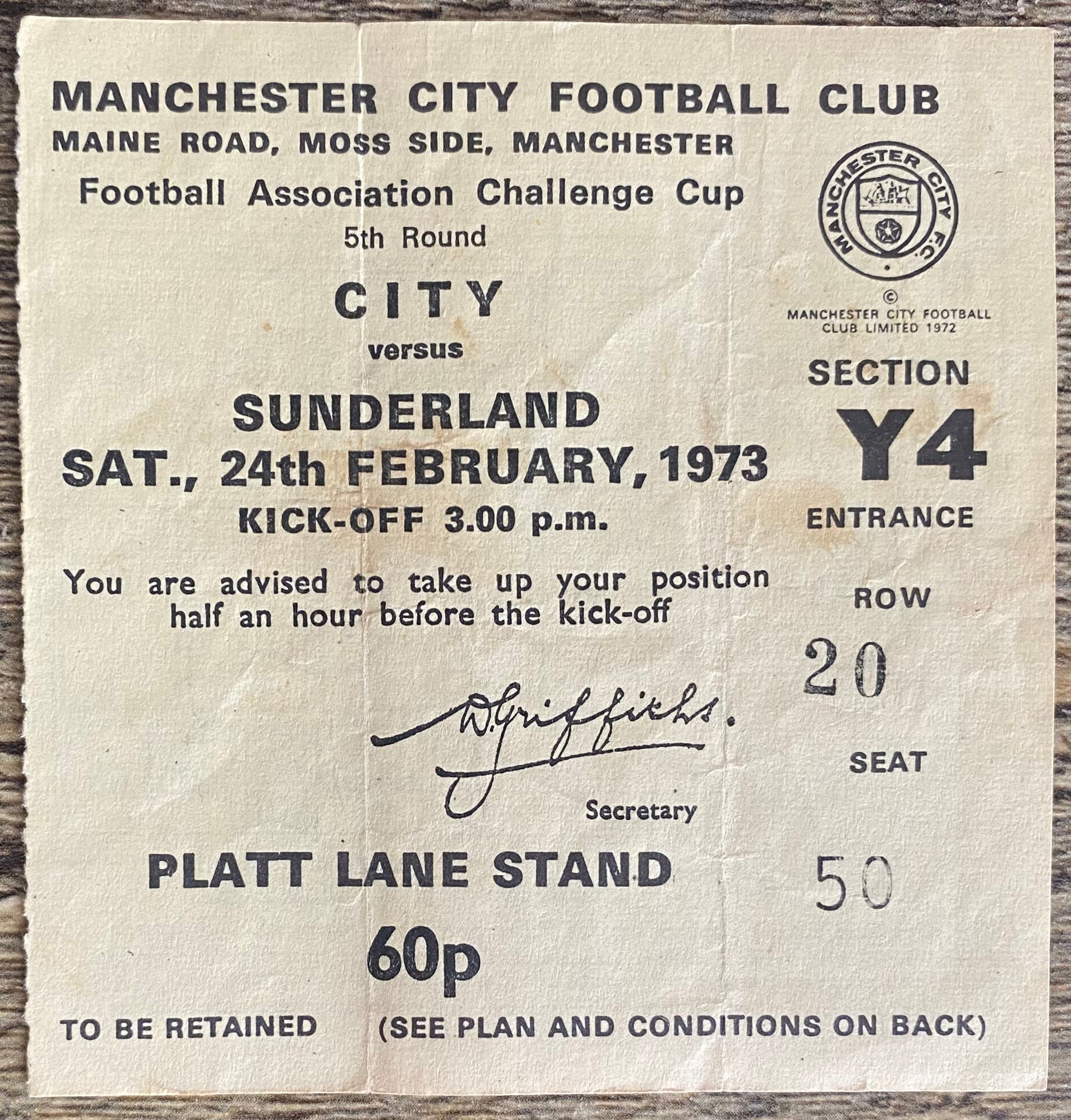 1972/73 ORIGINAL FA CUP 5TH ROUND TICKET MANCHESTER CITY V SUNDERLAND