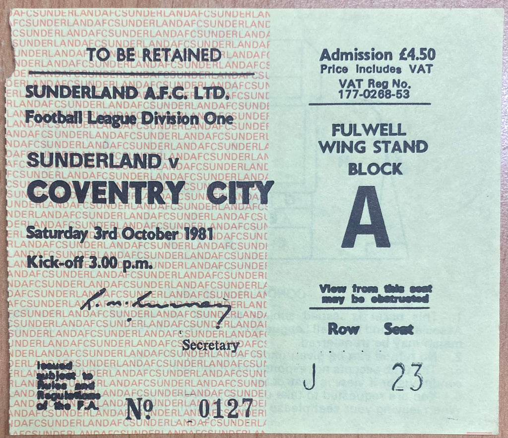 1981/82 ORIGINAL DIVISION 1 TICKET SUNDERLAND V COVENTRY CITY