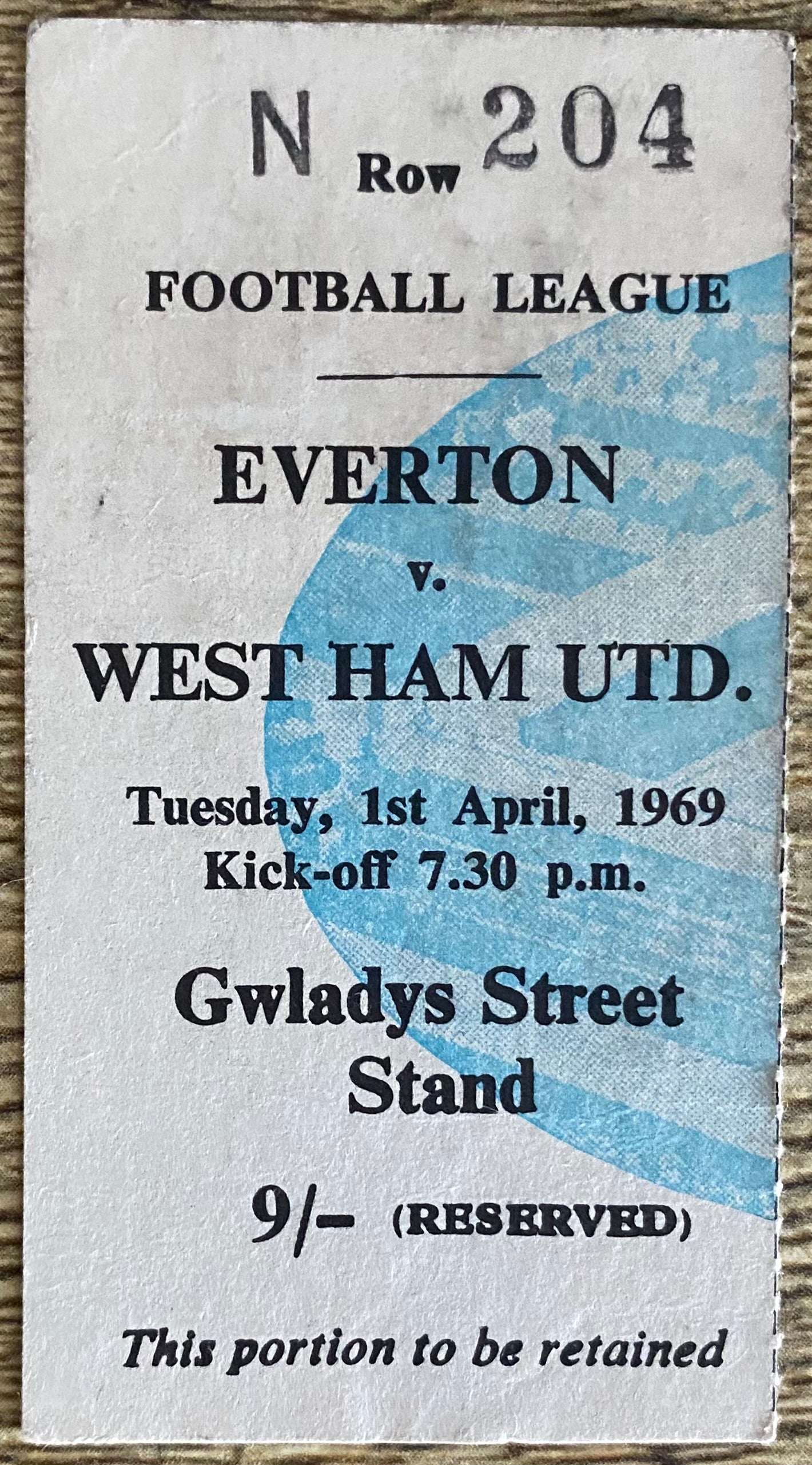 1968/69 ORIGINAL DIVISION ONE TICKET EVERTON V WEST HAM UNITED