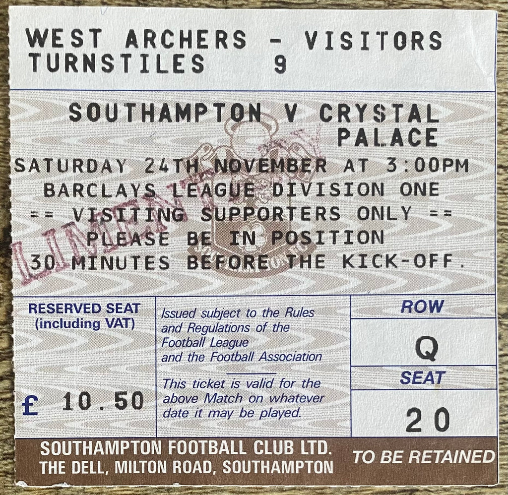 1990/91 ORIGINAL DIVISION ONE TICKET SOUTHAMPTON V CRYSTAL PALACE