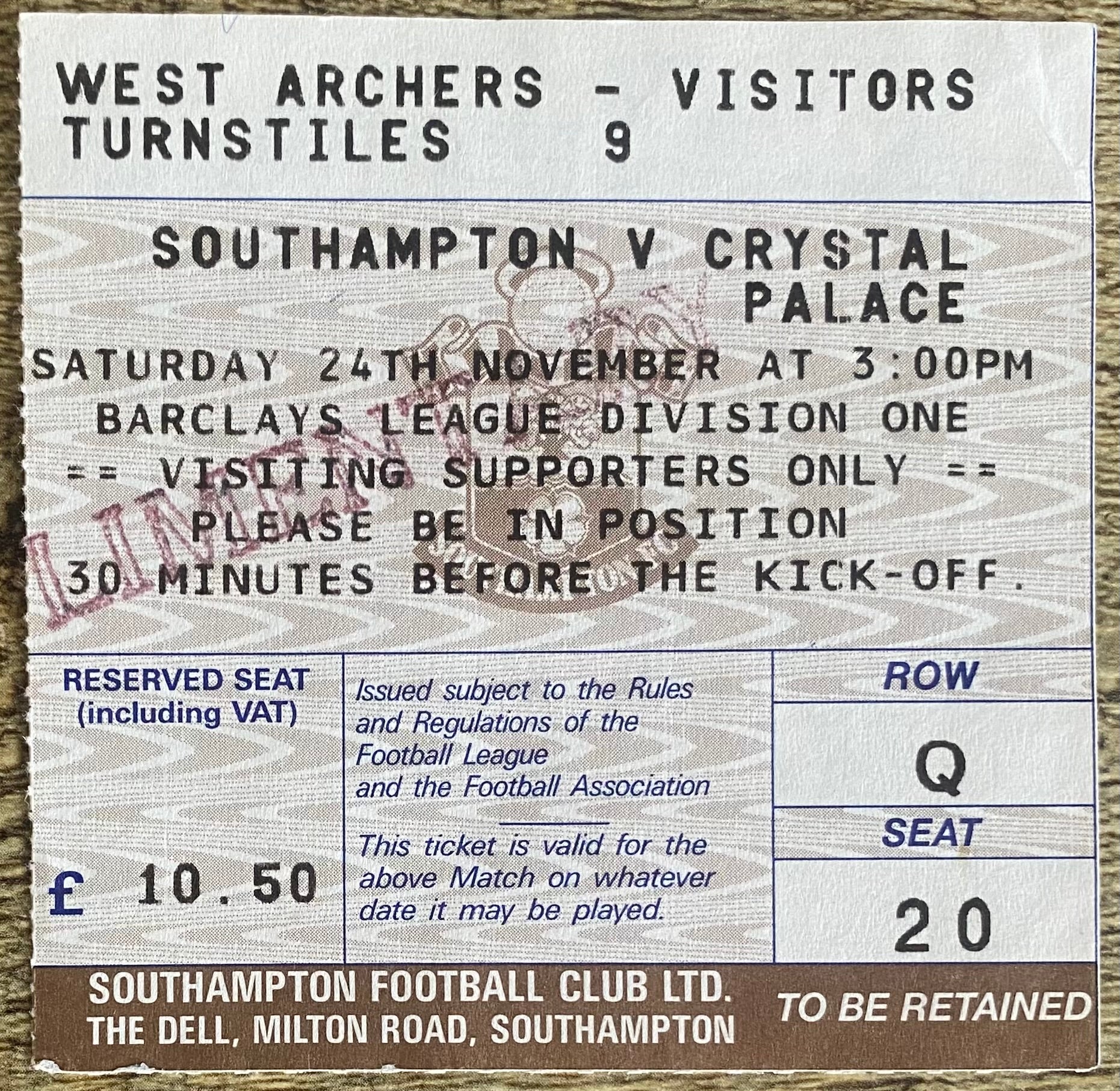 1990/91 ORIGINAL DIVISION ONE TICKET SOUTHAMPTON V CRYSTAL PALACE