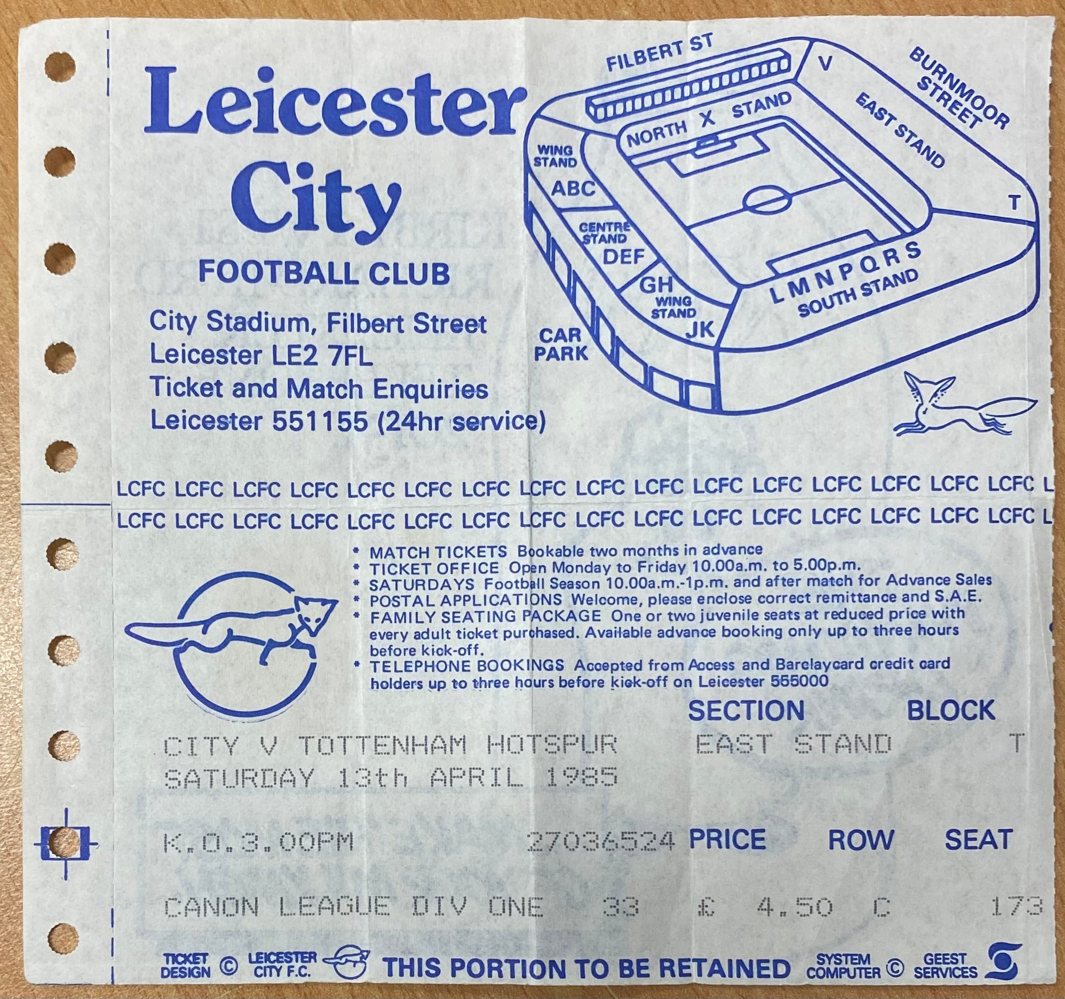1984/85 ORIGINAL DIVISION ONE TICKET LEICESTER CITY V TOTTENHAM HOTSPUR