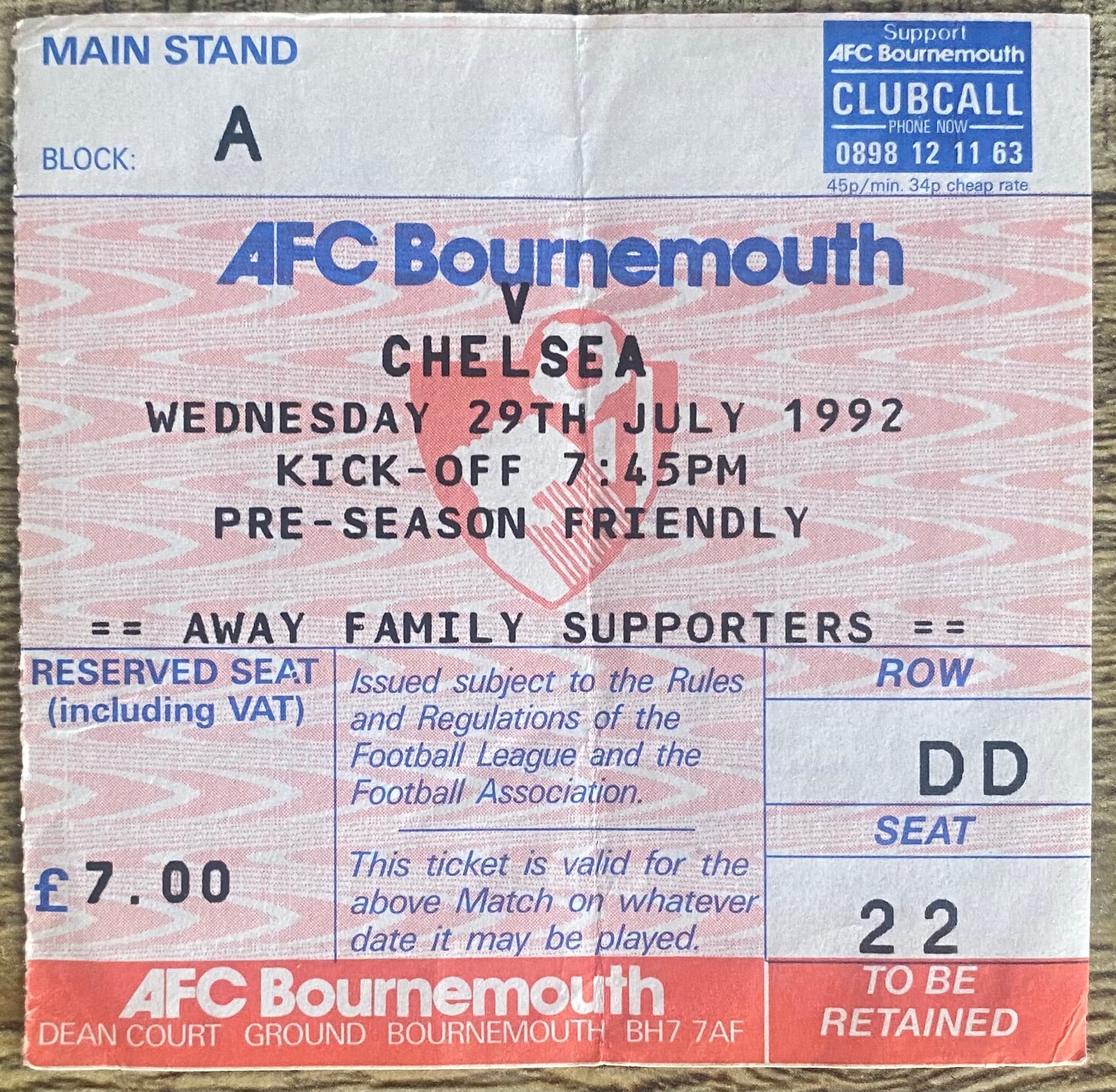 1992 ORIGINAL PRE SEASON FRIENDLY TICKET AFC BOURNEMOUTH V CHELSEA