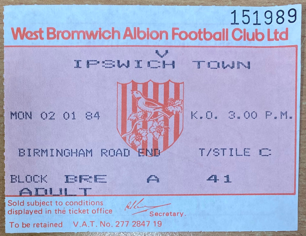 1983/84 ORIGINAL DIVISION 1 TICKET WEST BROMWICH ALBION V IPSWICH TOWN