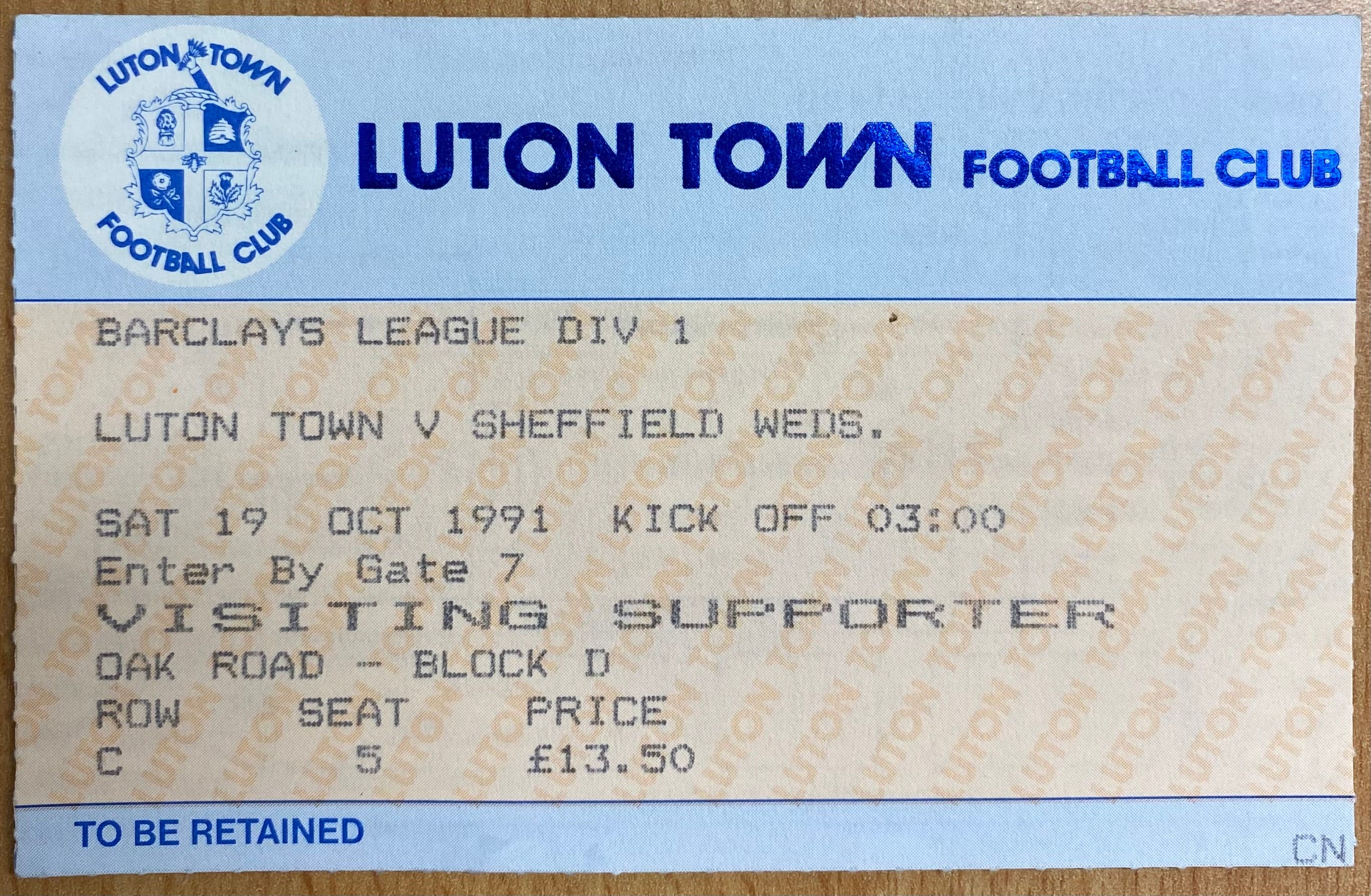 1991/92 ORIGINAL DIVISION 1 TICKET LUTON TOWN V SHEFFIELD WEDNESDAY