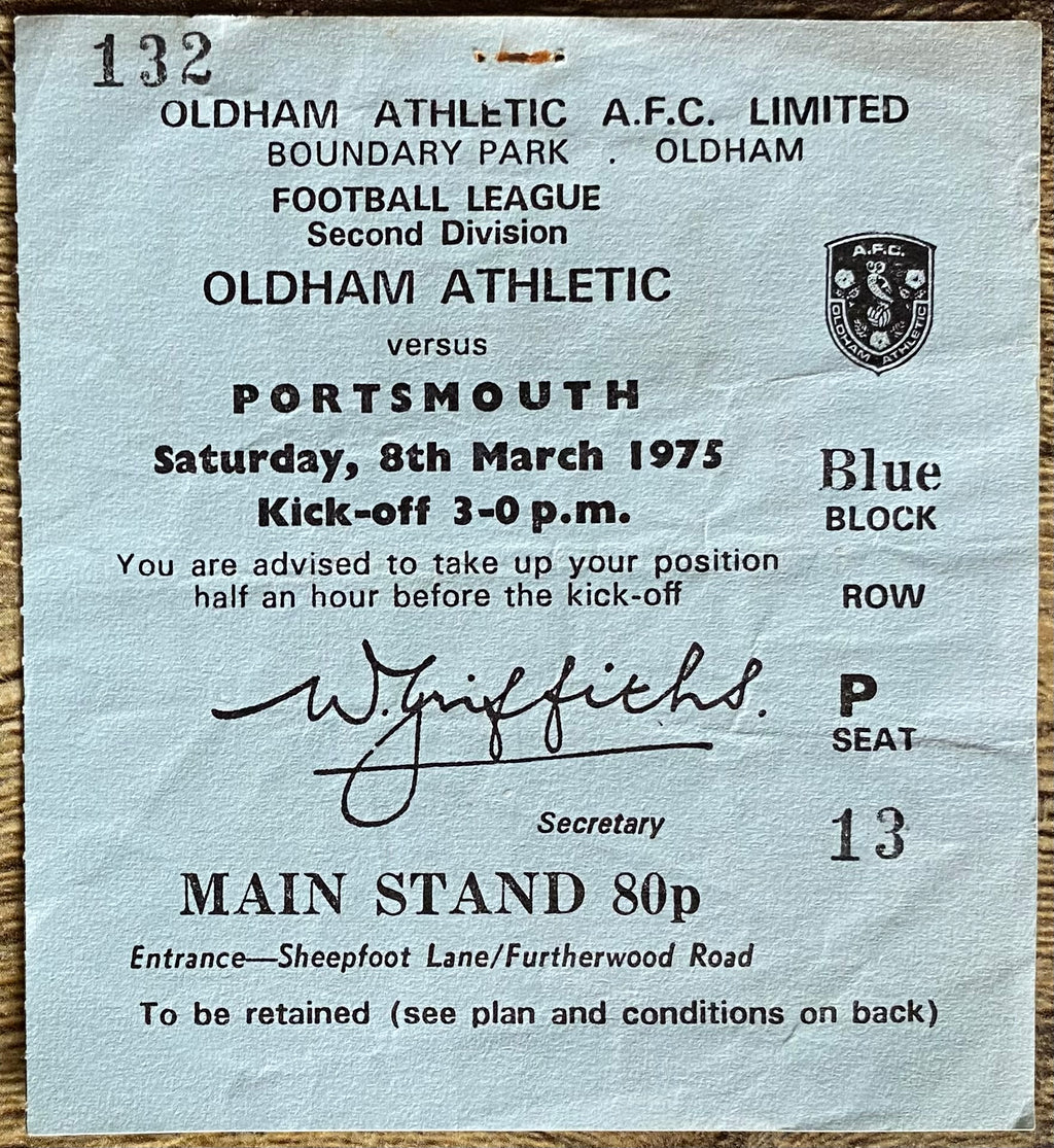 1974/75 ORIGINAL DIVISION 2 TICKET OLDHAM ATHLETIC V PORTSMOUTH
