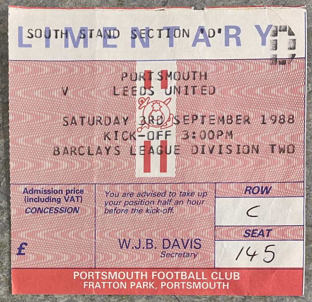 1988/89 ORIGINAL DIVISION 2 TICKET PORTSMOUTH V LEEDS UNITED