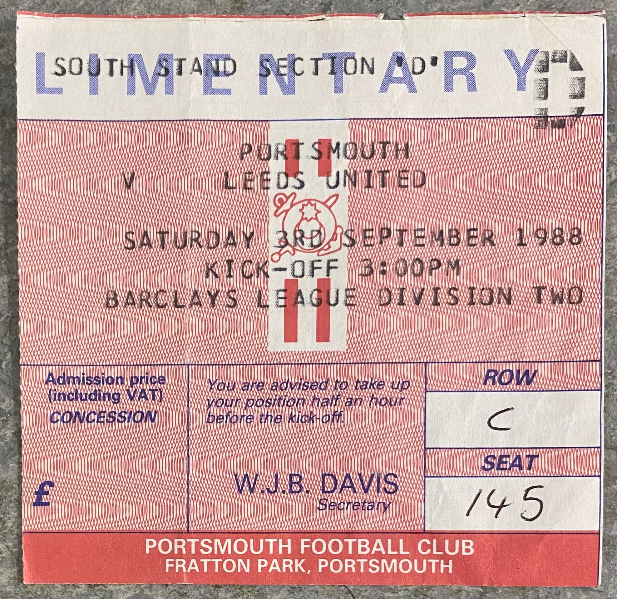 1988/89 ORIGINAL DIVISION 2 TICKET PORTSMOUTH V LEEDS UNITED