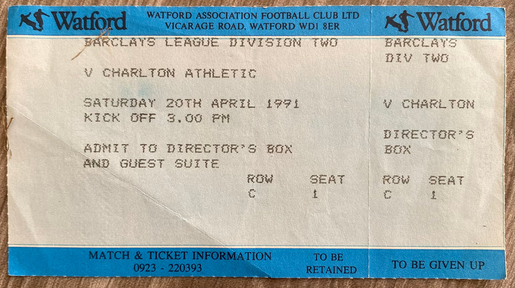 1990/91 ORIGINAL DIVISION 2 UNUSED TICKET WATFORD V CHARLTON ATHLETIC