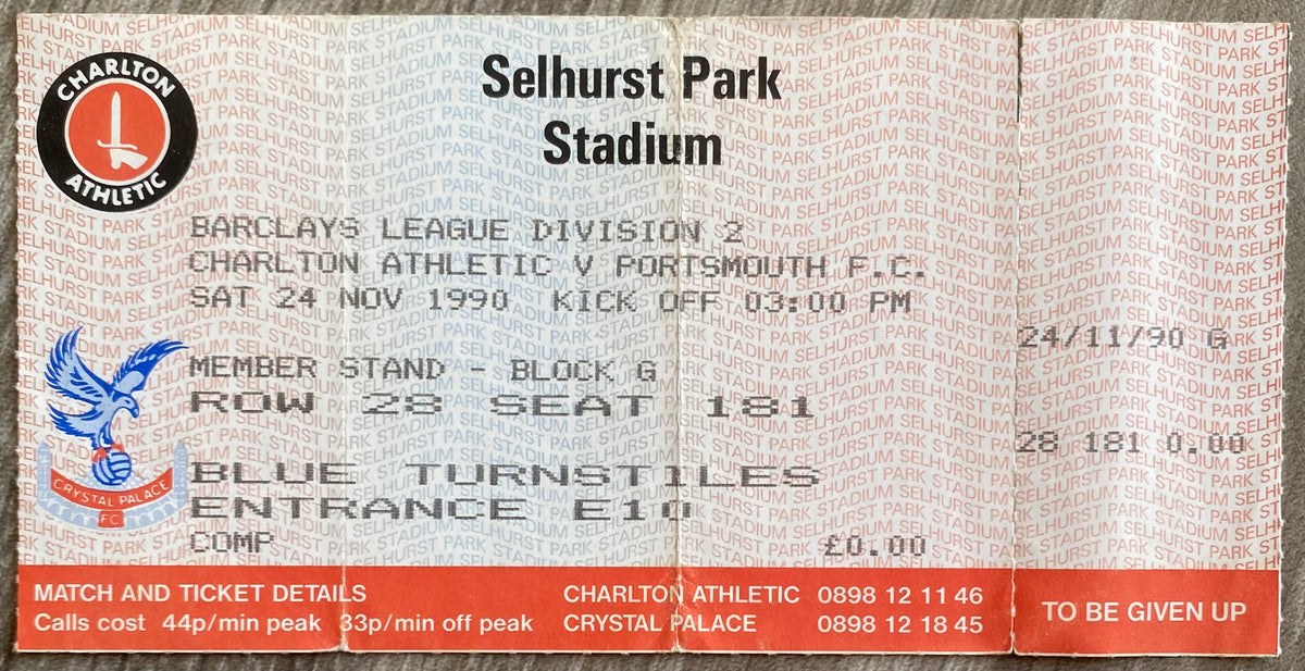 1990/91 ORIGINAL DIVISION 2 UNUSED TICKET CHARLTON ATHLETIC V PORTSMOUTH
