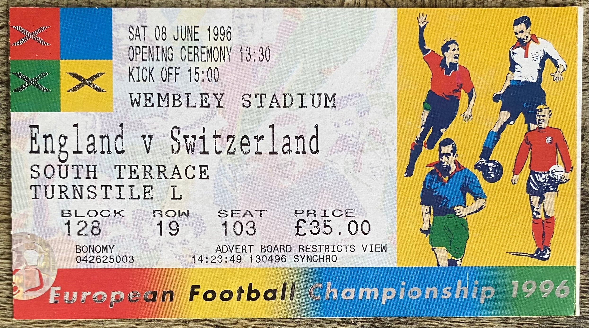 1996 ORIGINAL EUROPEAN CHAMPIONSHIPS EURO 96 OPENING MATCH TICKET ENGLAND V SWITZERLAND @ WEMBLEY
