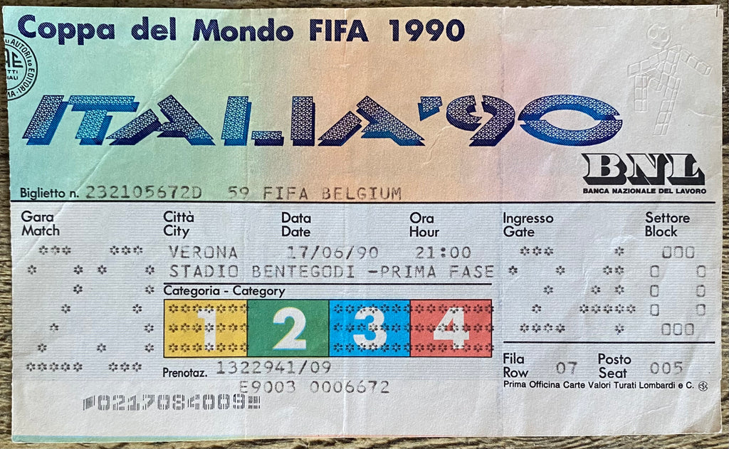 1990 ORIGINAL WORLD CUP 1ST ROUND TICKET BELGIUM V URUGUAY @ VERONA