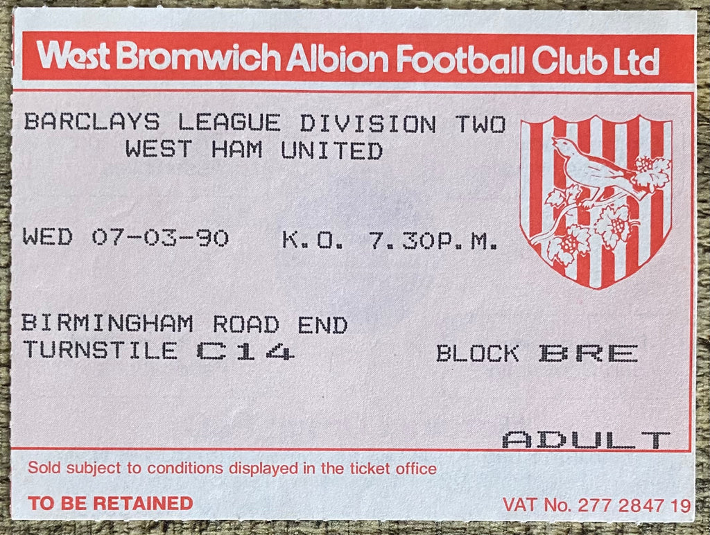 1989/90 ORIGINAL DIVISION 2 TICKET WEST BROMWICH ALBION V WEST HAM UNITED