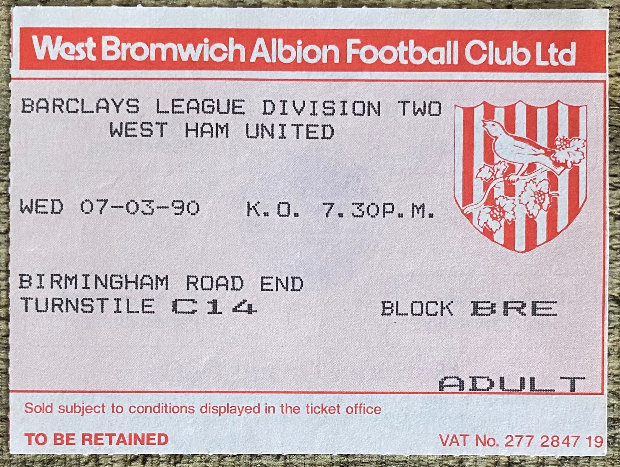1989/90 ORIGINAL DIVISION 2 TICKET WEST BROMWICH ALBION V WEST HAM UNITED