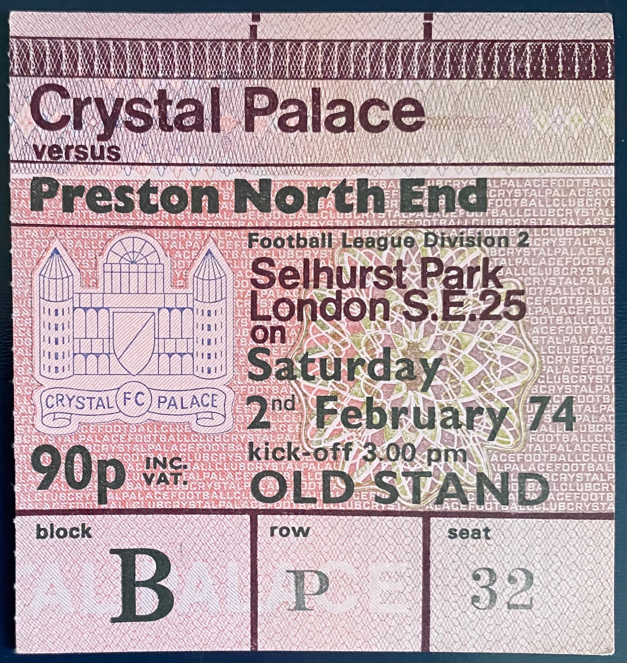 1973/74 ORIGINAL DIVISION 2 TICKET CRYSTAL PALACE V PRESTON NORTH END
