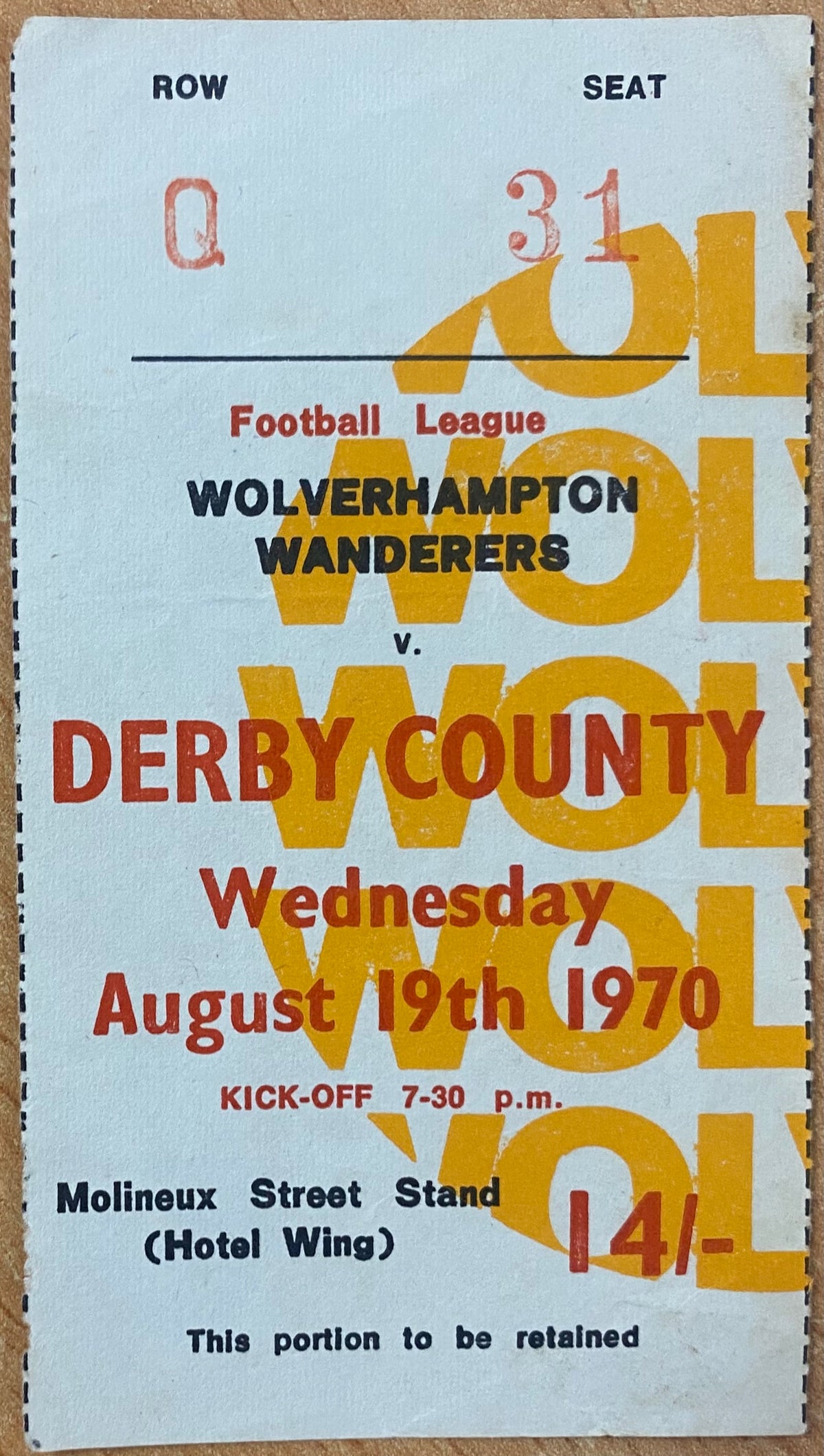 1970/71 ORIGINAL DIVISION ONE TICKET WOLVERHAMPTON WANDERERS V DERBY COUNTY