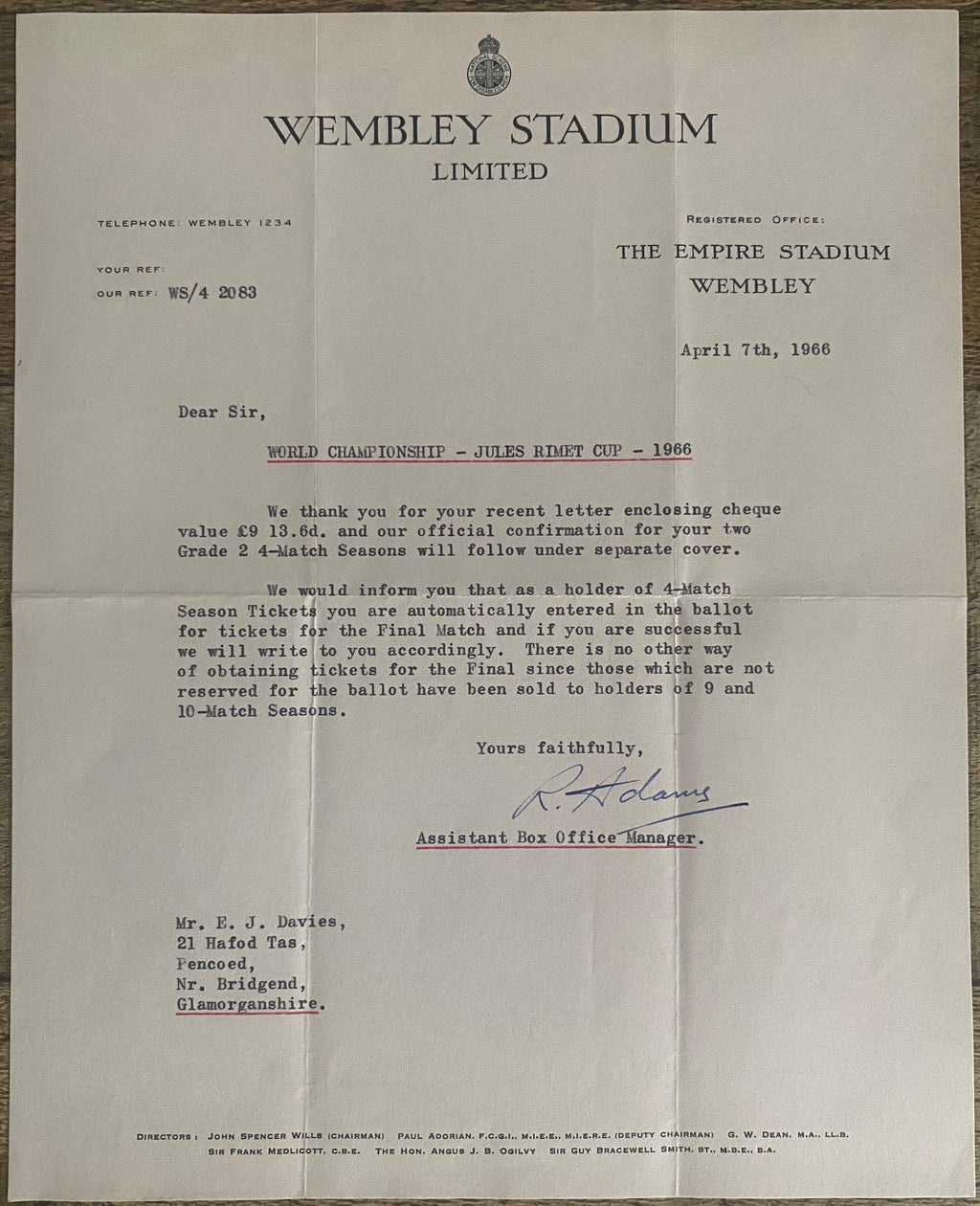 1966 WORLD CUP ORIGINAL OFFICIAL LETTER (WEMBLEY TICKET SALES) APR 1966