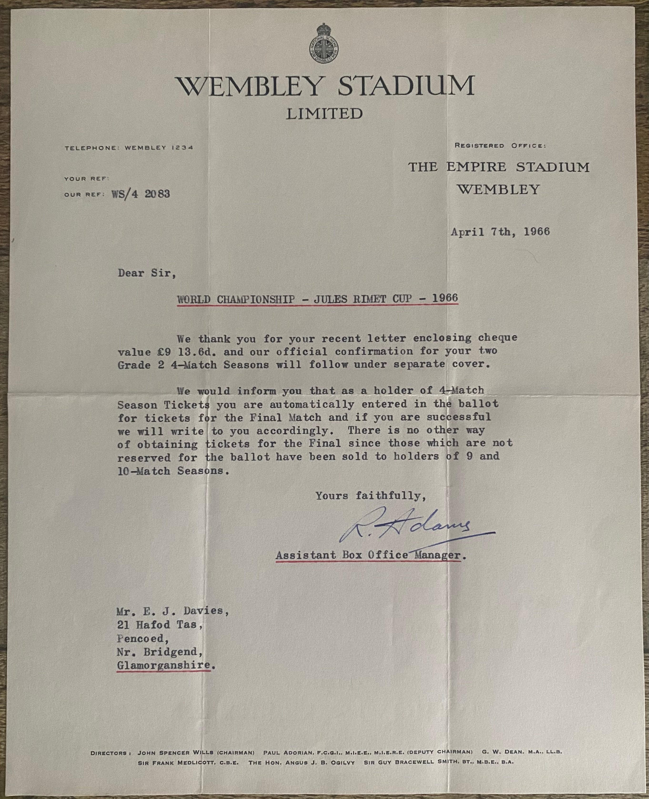 1966 WORLD CUP ORIGINAL OFFICIAL LETTER (WEMBLEY TICKET SALES) APR 1966