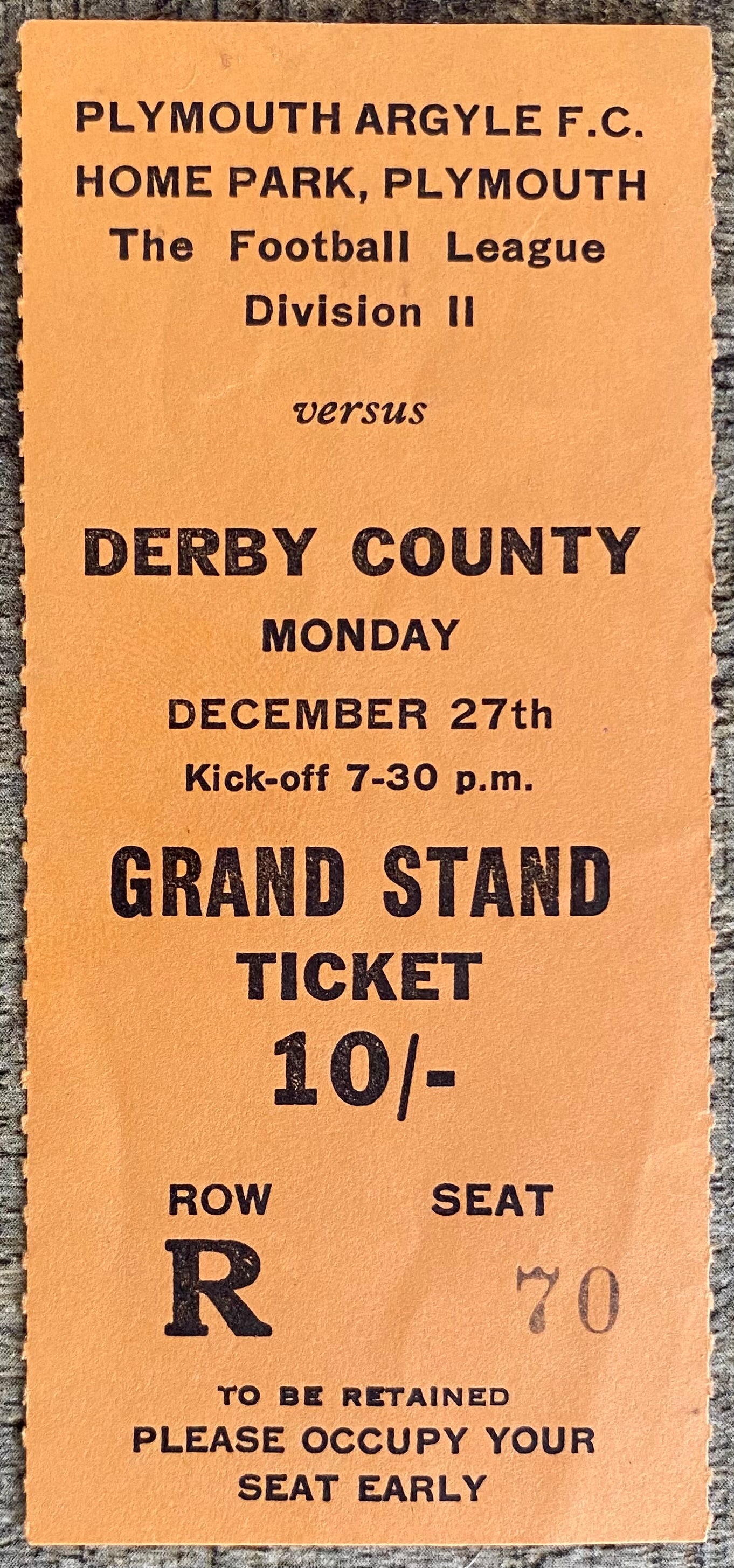 1965/66  ORIGINAL DIVISION 2 TICKET PLYMOUTH ARGYLE V DERBY COUNTY