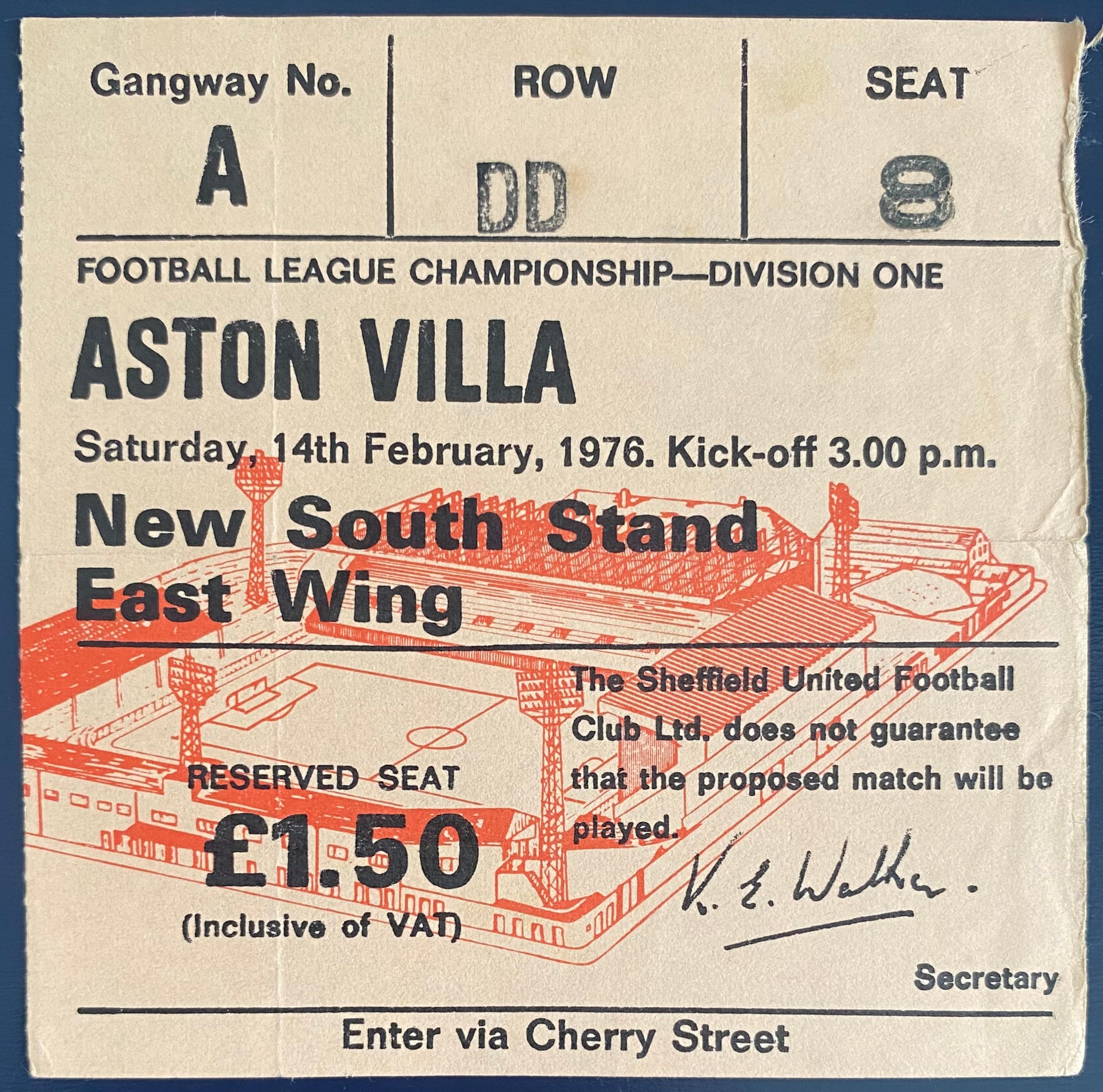 1975/76 ORIGINAL DIVISION 1 TICKET SHEFFIELD UNITED V ASTON VILLA