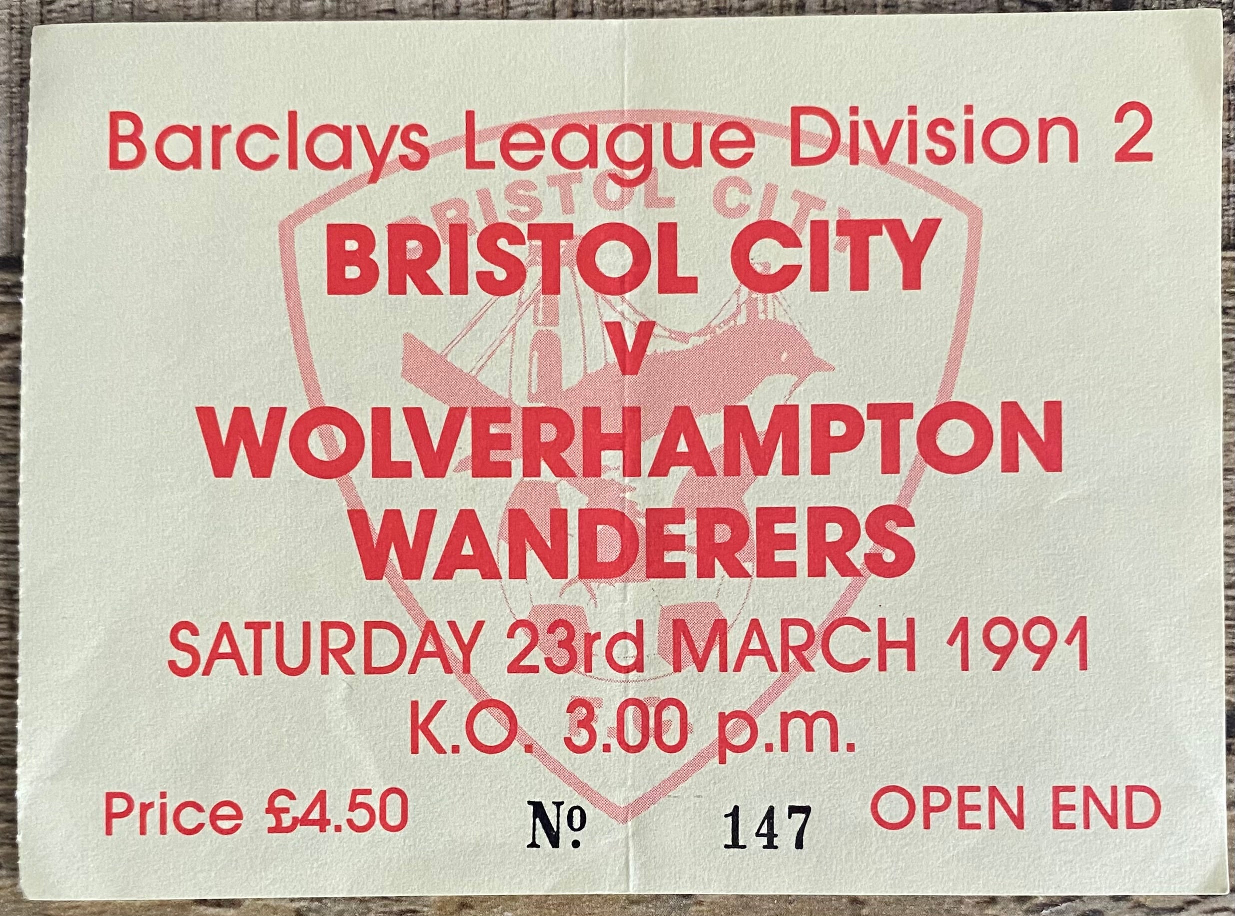 1990/91 ORIGINAL DIVISION 2 TICKET BRISTOL CITY V WOLVERHAMPTON WANDERERS