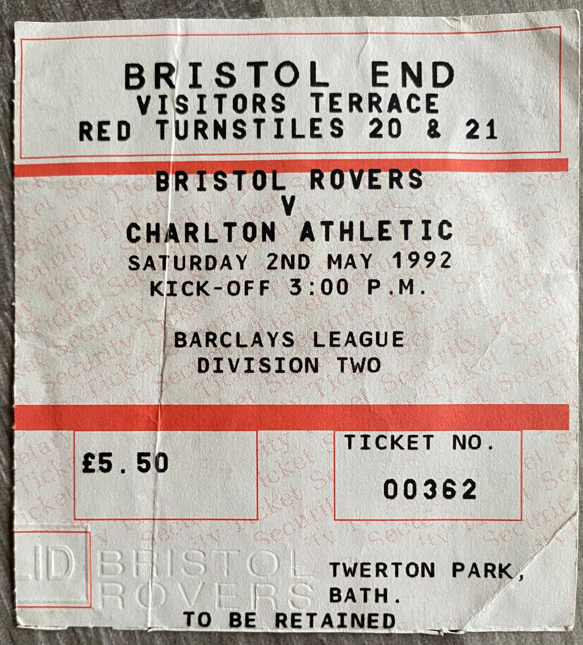 1991/92 ORIGINAL DIVISION 2 TICKET BRISTOL ROVERS V CHARLTON ATHLETIC