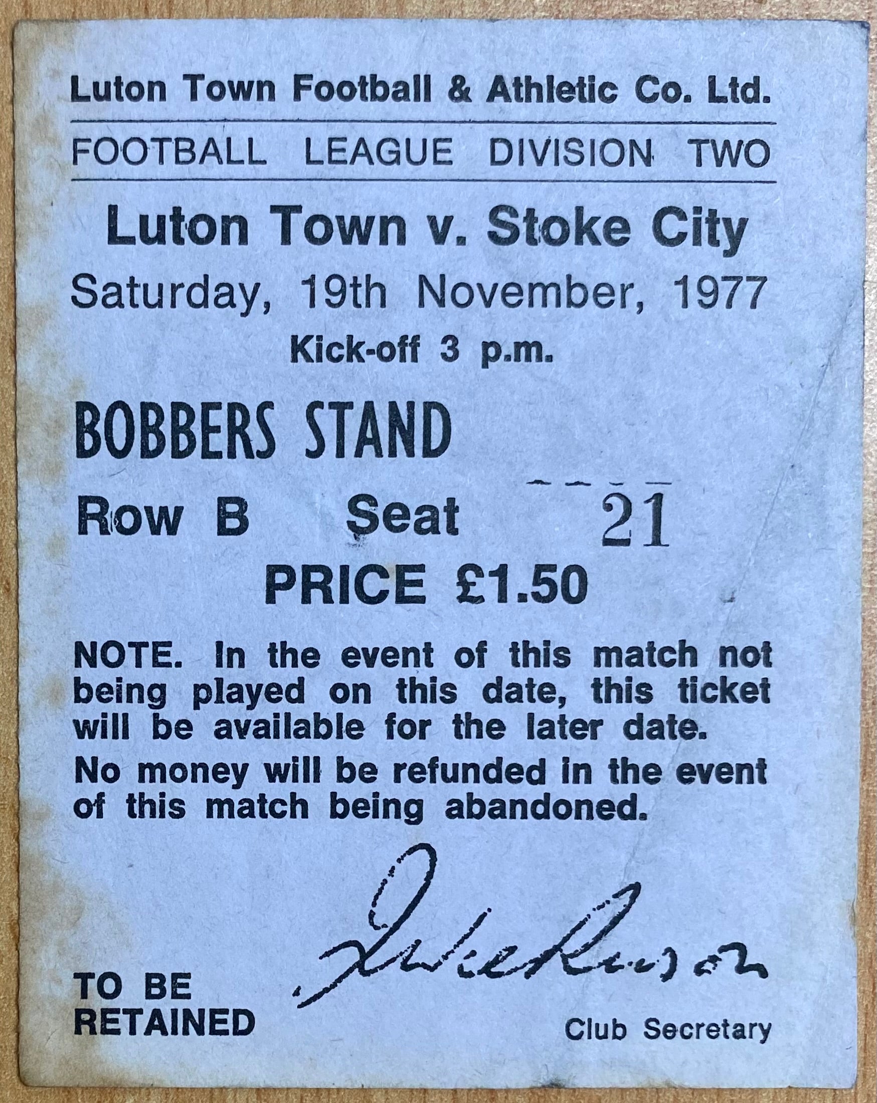 1977/78 ORIGINAL DIVISION 2 TICKET LUTON TOWN V STOKE CITY