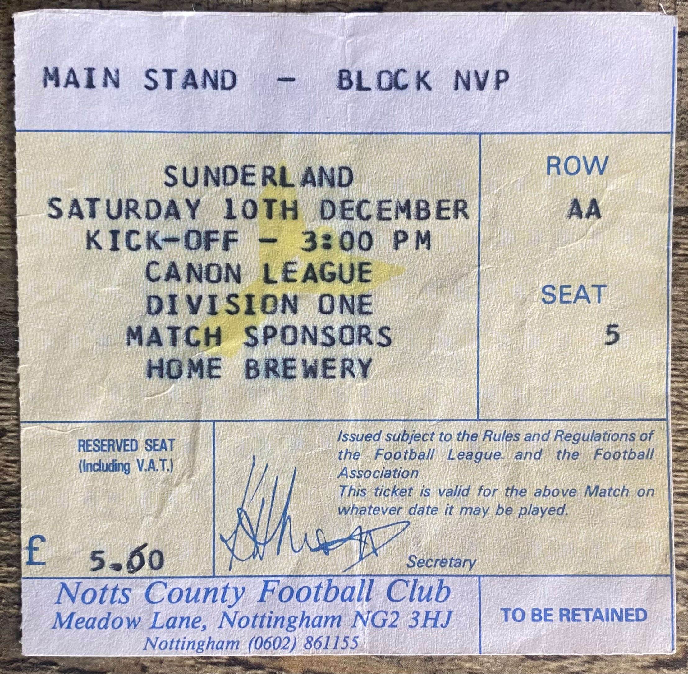 1983/84 ORIGINAL DIVISION 1 TICKET NOTTS COUNTY V SUNDERLAND