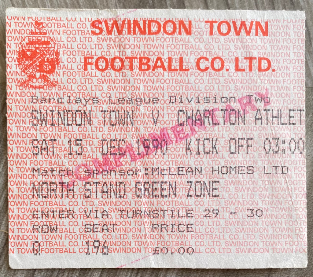 1990/91 ORIGINAL DIVISION 2 TICKET SWINDON TOWN V CHARLTON ATHLETIC