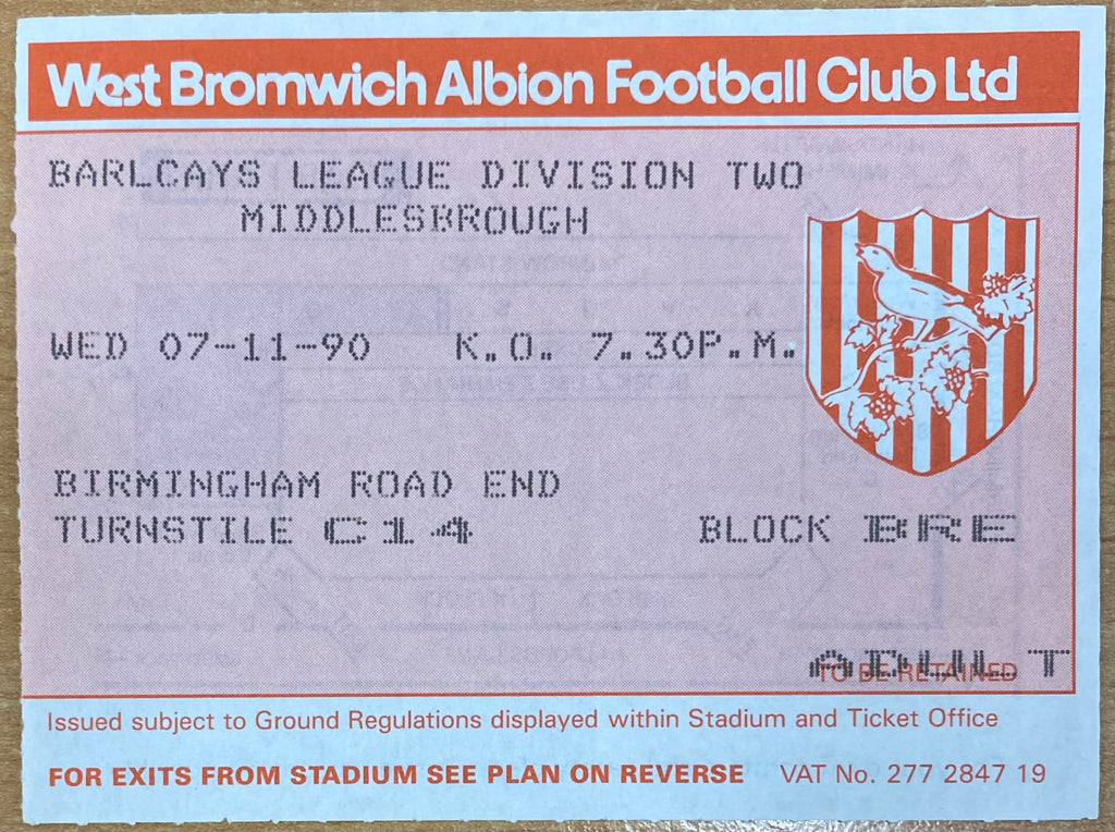 1990/91 ORIGINAL DIVISION 2 TICKET WEST BROMWICH ALBION V MIDDLESBROUGH