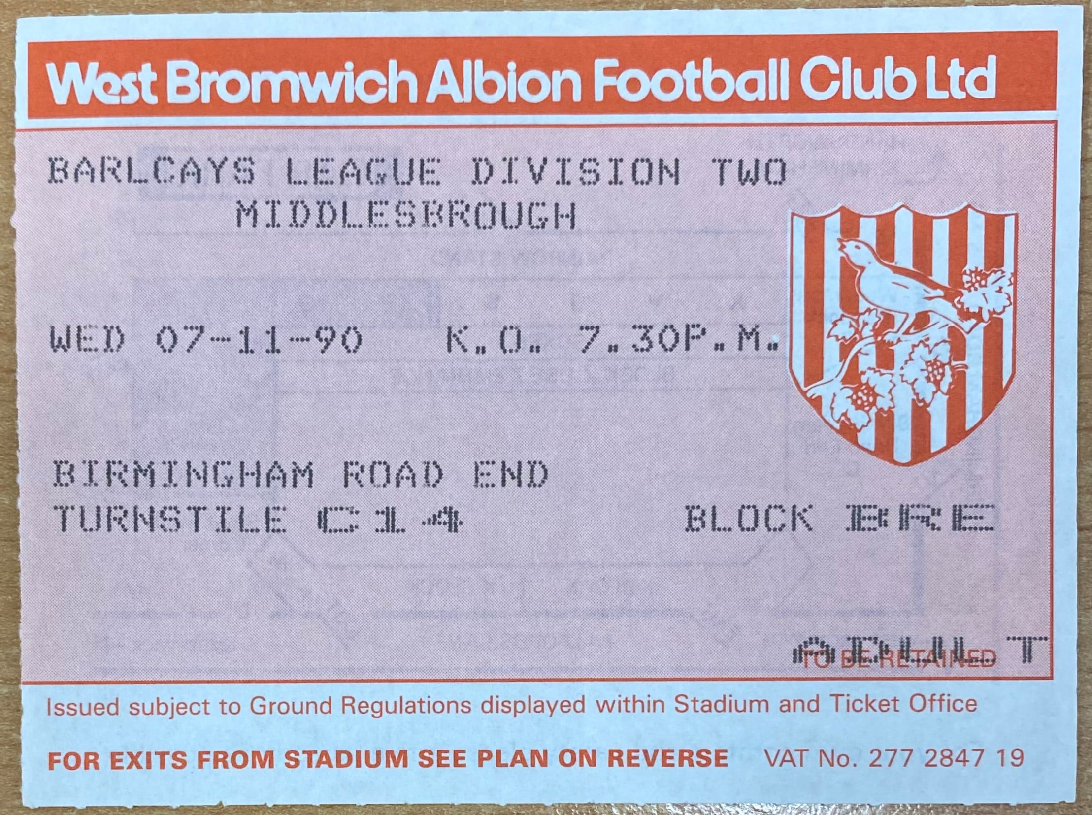 1990/91 ORIGINAL DIVISION 2 TICKET WEST BROMWICH ALBION V MIDDLESBROUGH