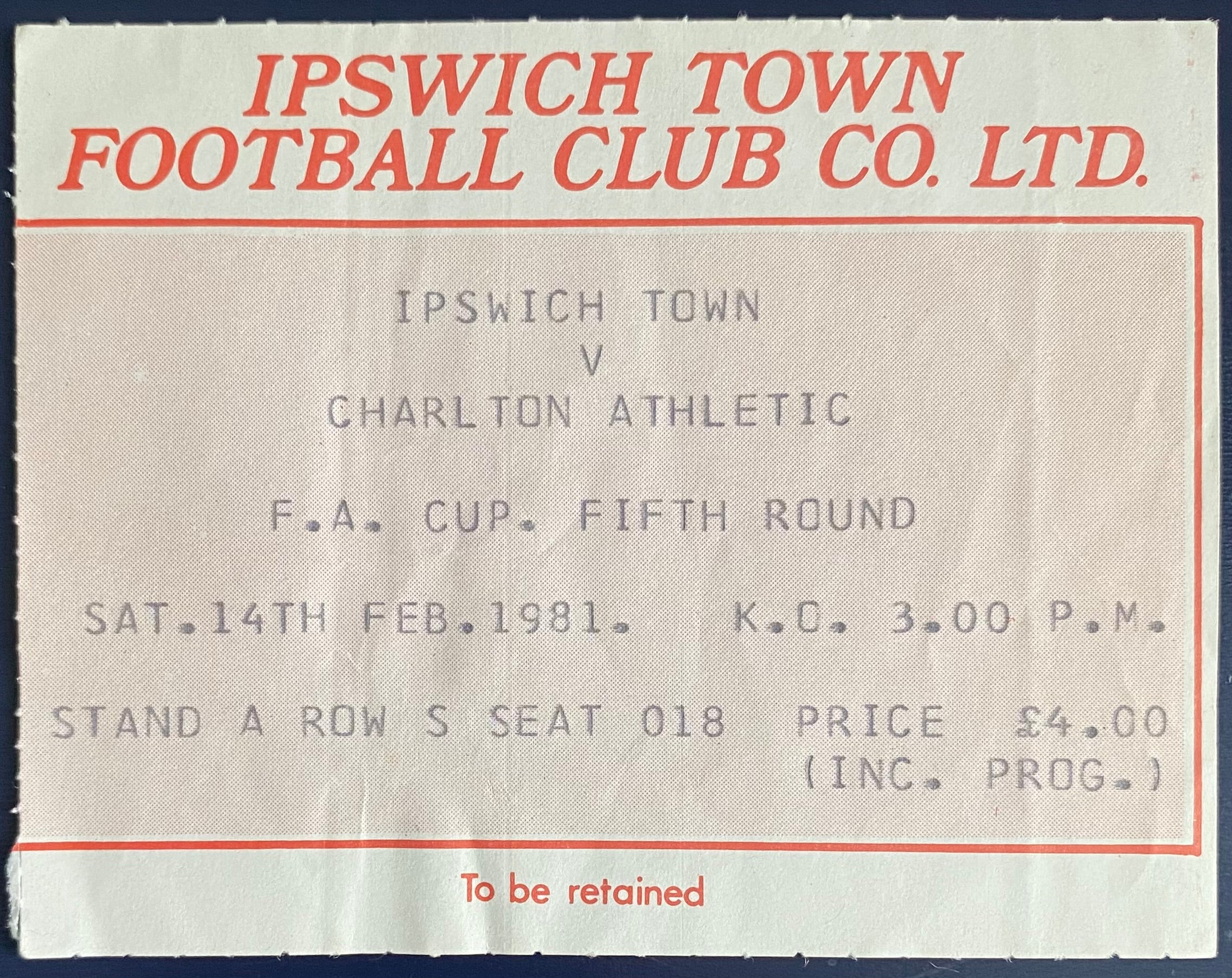 1980/81 ORIGINAL FA CUP 5TH ROUND TICKET IPSWICH TOWN V CHARLTON ATHLETIC