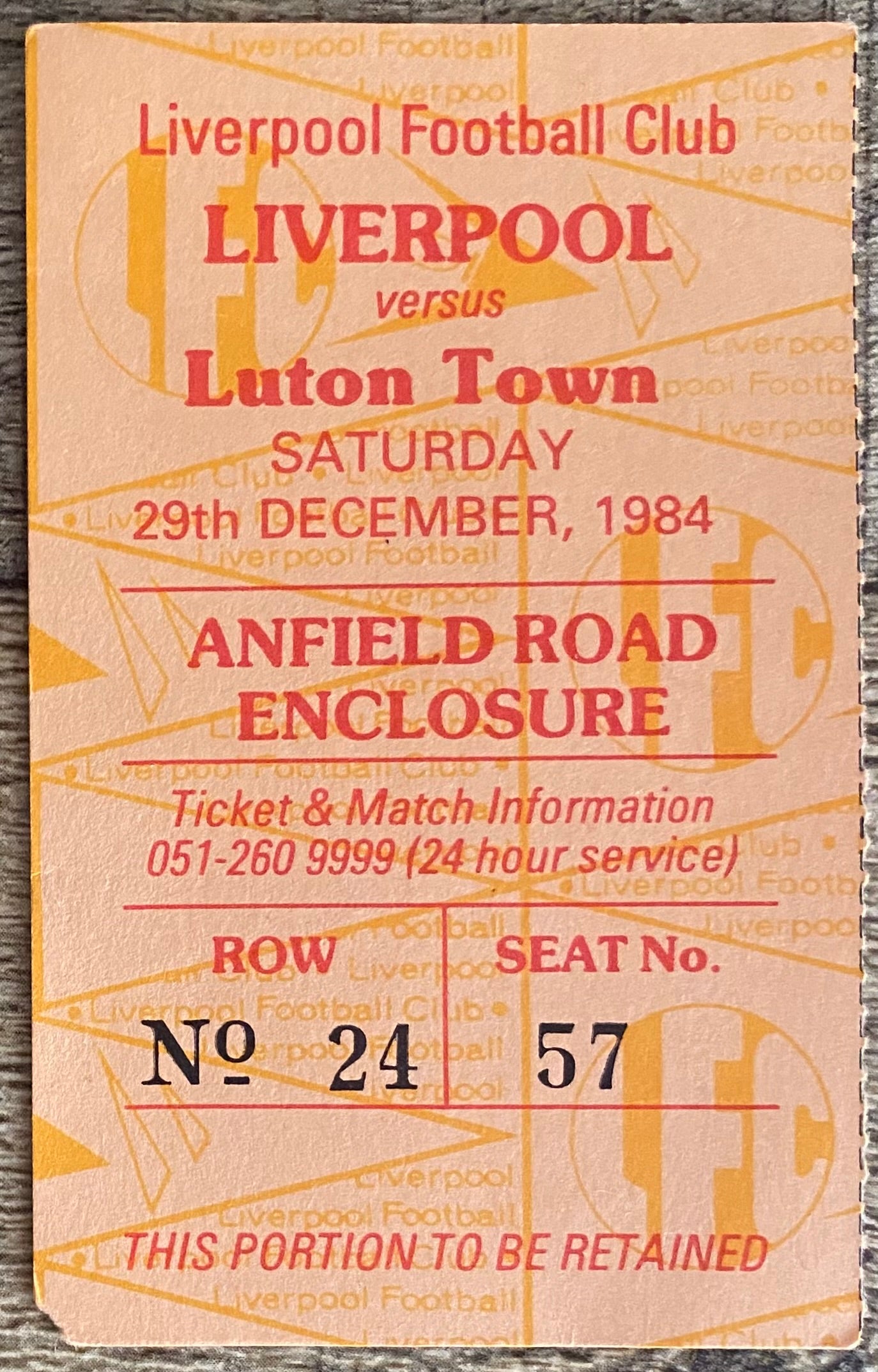 1984/85 ORIGINAL DIVISION ONE TICKET LIVERPOOL V LUTON TOWN