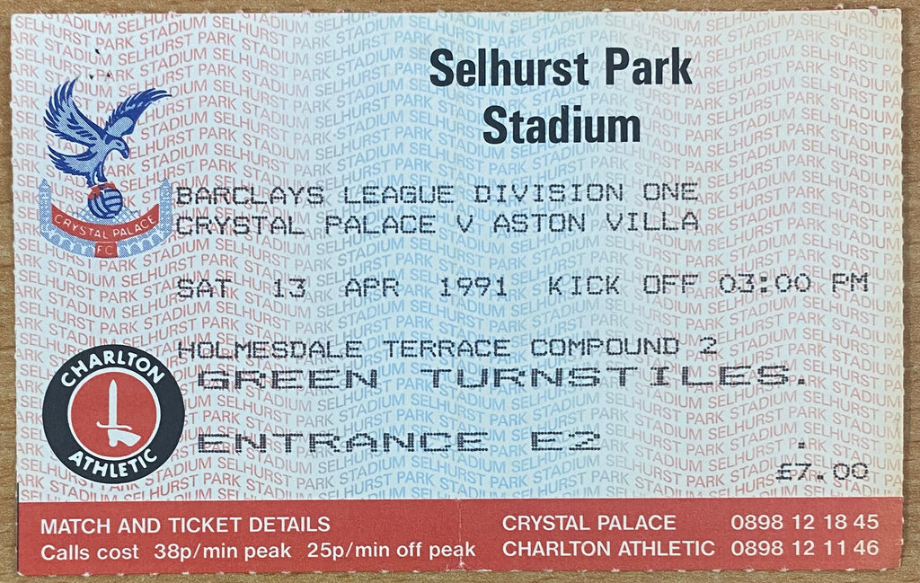 1990/91 ORIGINAL DIVISION 1 TICKET CRYSTAL PALACE V ASTON VILLA