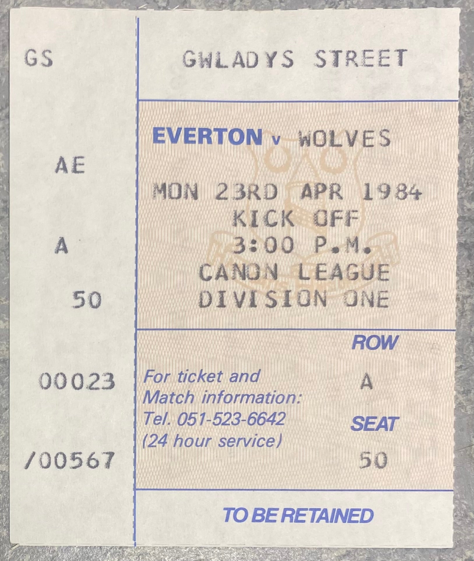 1983/84 ORIGINAL DIVISION ONE TICKET EVERTON V WOLVERHAMPTON WANDERERS