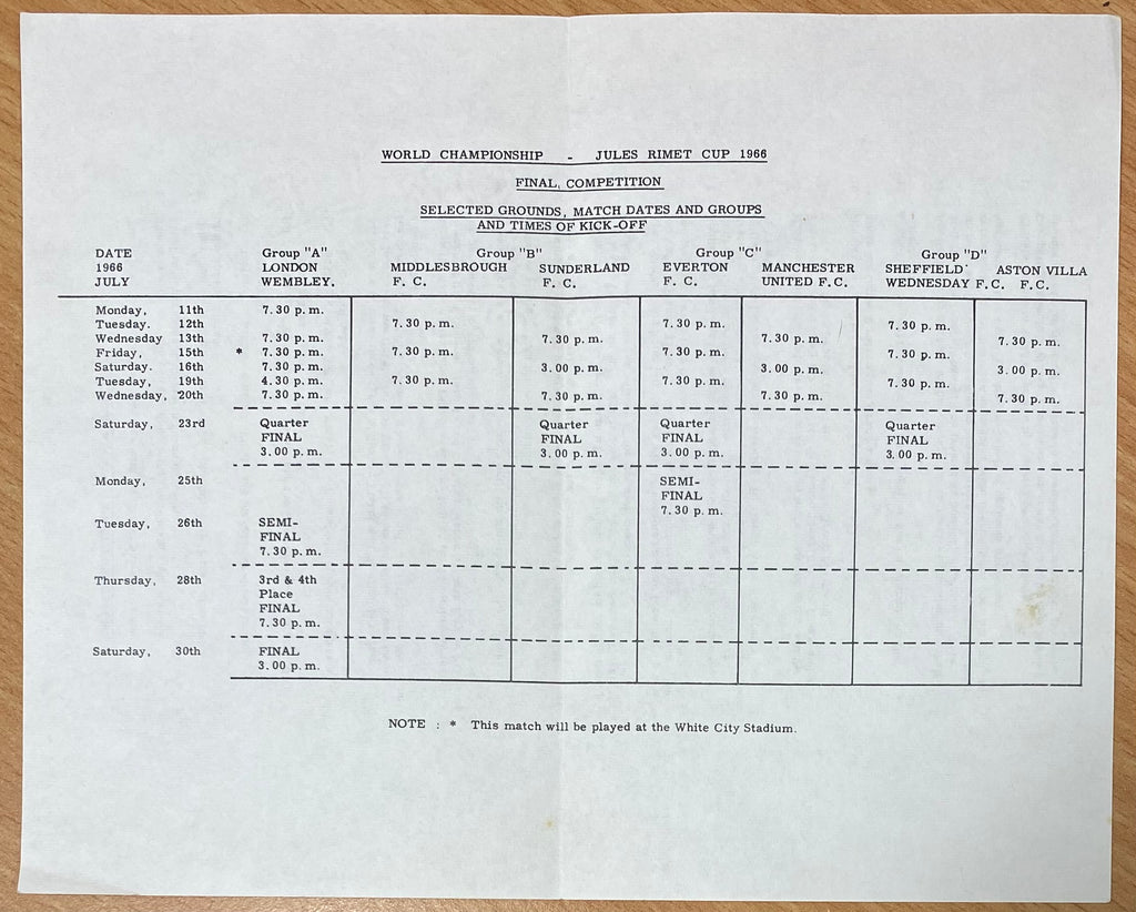 1966 WORLD CUP ORIGINAL OFFICIAL TICKET INFORMATION AND MATCH INFORMATION SHEET