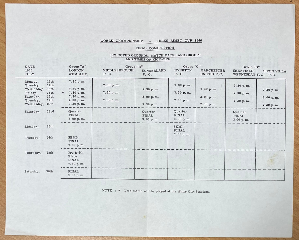 1966 WORLD CUP ORIGINAL OFFICIAL TICKET INFORMATION AND MATCH INFORMATION SHEET