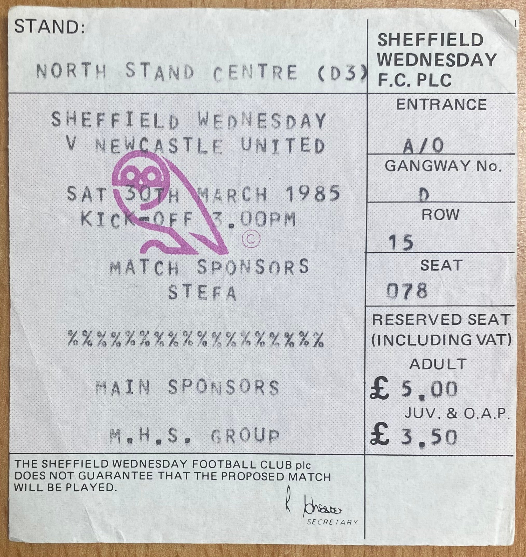 1984/85 ORIGINAL DIVISION 1 TICKET SHEFFIELD WEDNESDAY V NEWCASTLE UNITED