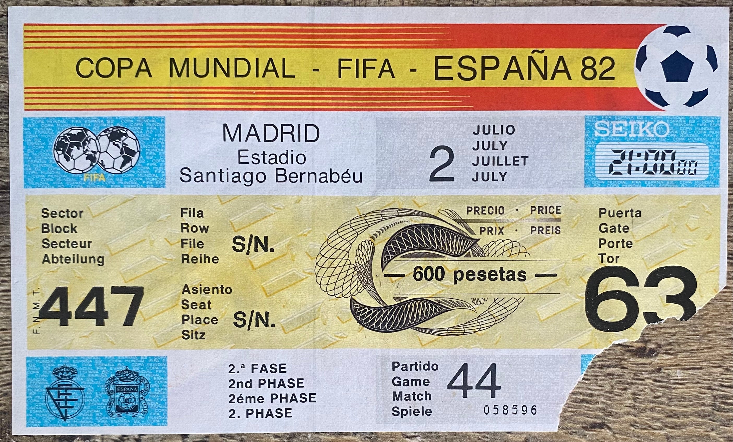 1982 ORIGINAL WORLD CUP 2ND PHASE TICKET WEST GERMANY V SPAIN @ MADRID