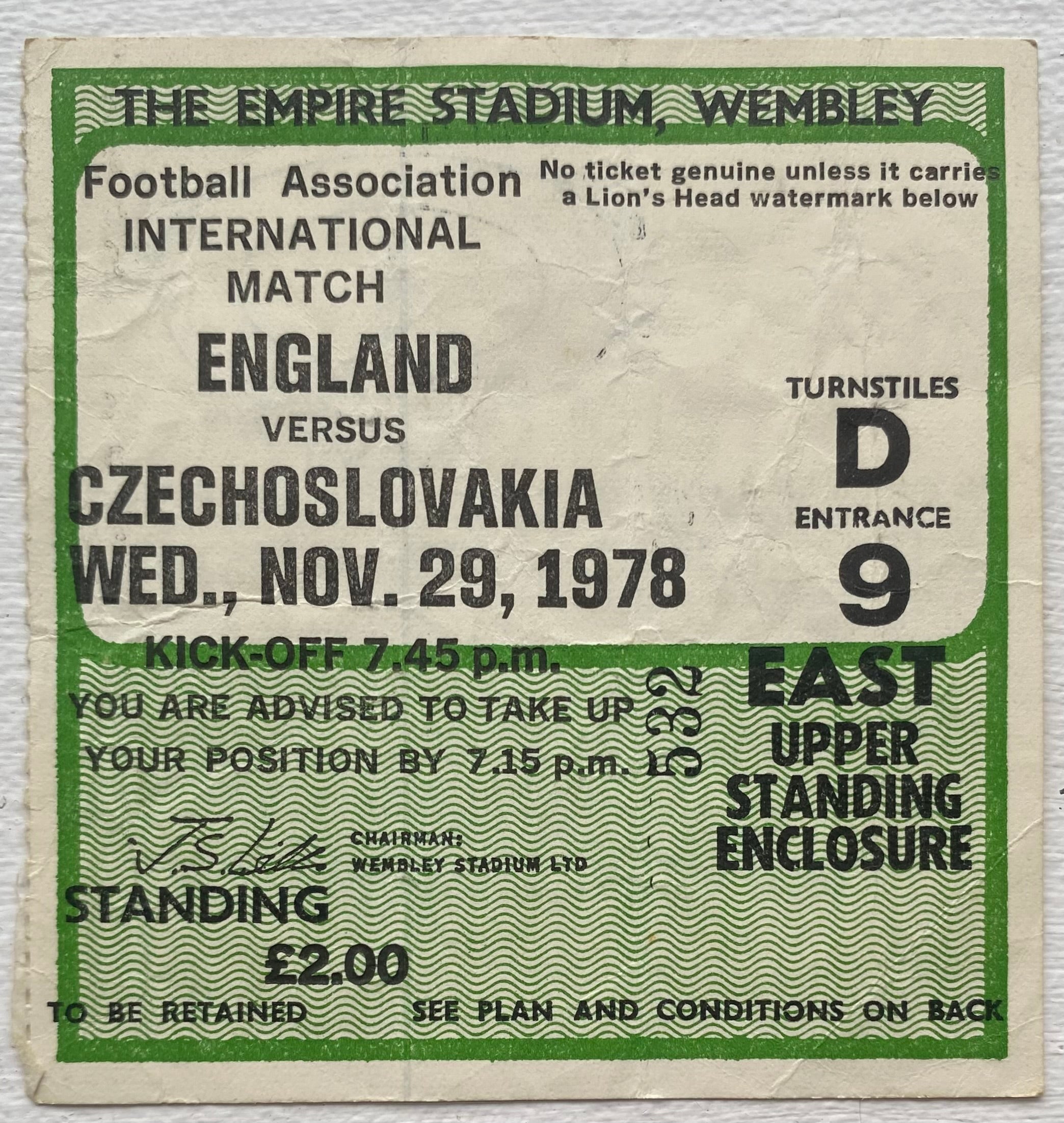 1978 ORIGINAL INTERNATIONAL TICKET ENGLAND V CZECHOSLOVAKIA