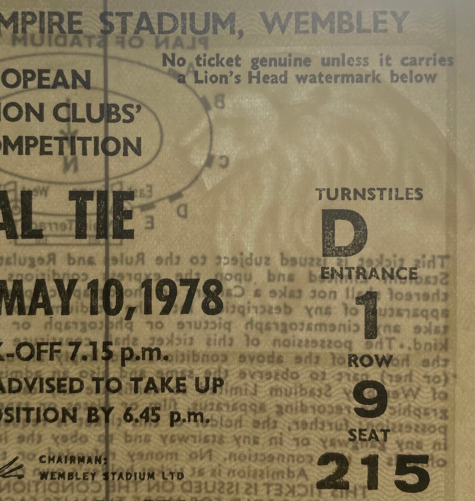 1978 ORIGINAL EUROPEAN CUP FINAL TICKET LIVERPOOL V FC BRUGES @ WEMBLEY