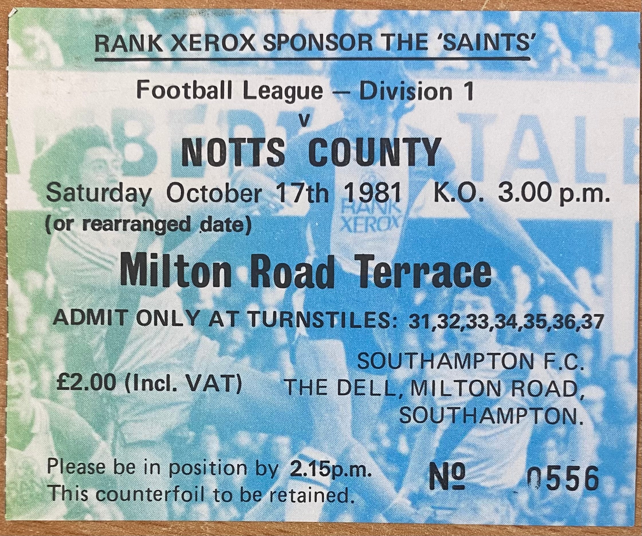 1981/82 ORIGINAL DIVISION ONE TICKET SOUTHAMPTON V NOTTS COUNTY