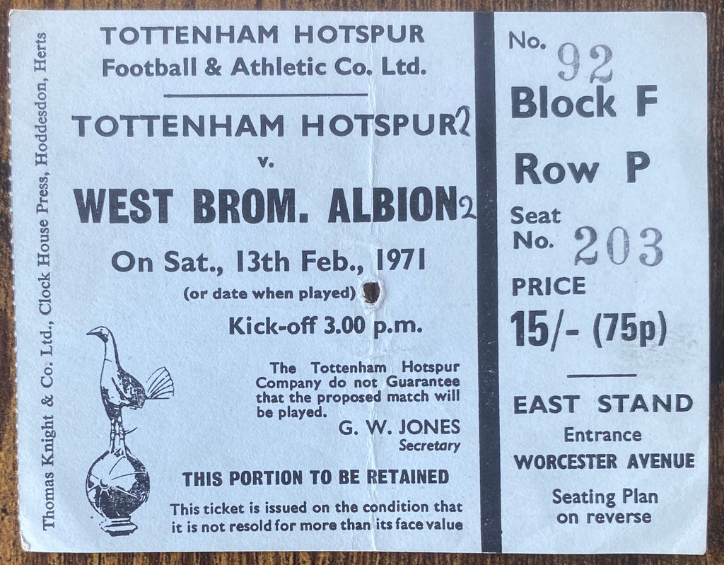 1970/71 ORIGINAL DIVISION ONE TICKET TOTTENHAM HOTSPUR V WEST BROMWICH ALBION